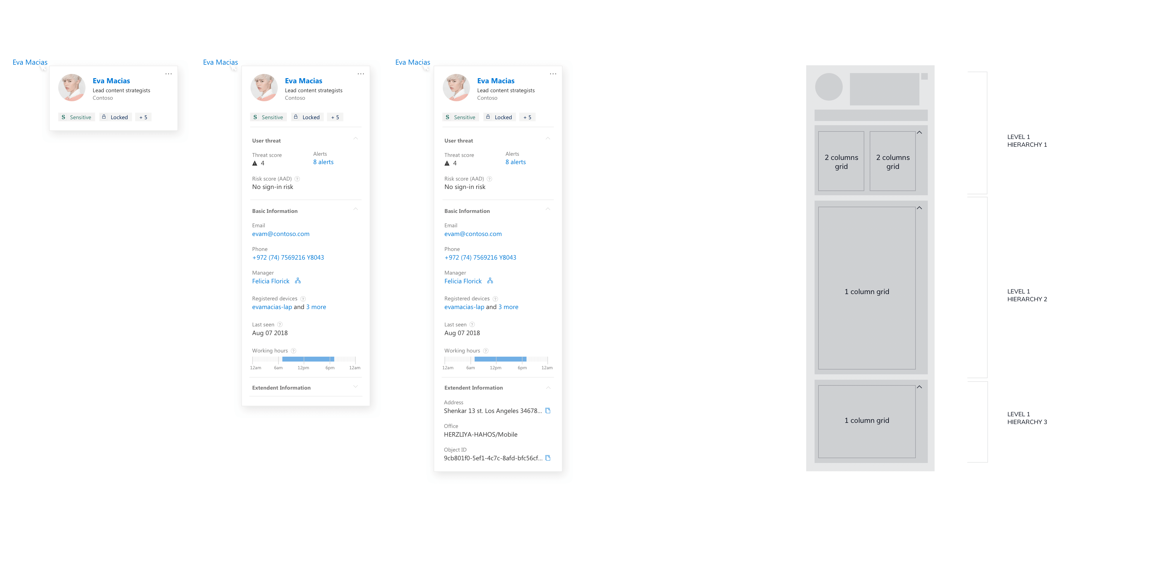 ID component as an integrated part of the profile page. Left to right: Collapse, default and expanded(The height grows to accommodate content without scroll bars) states.