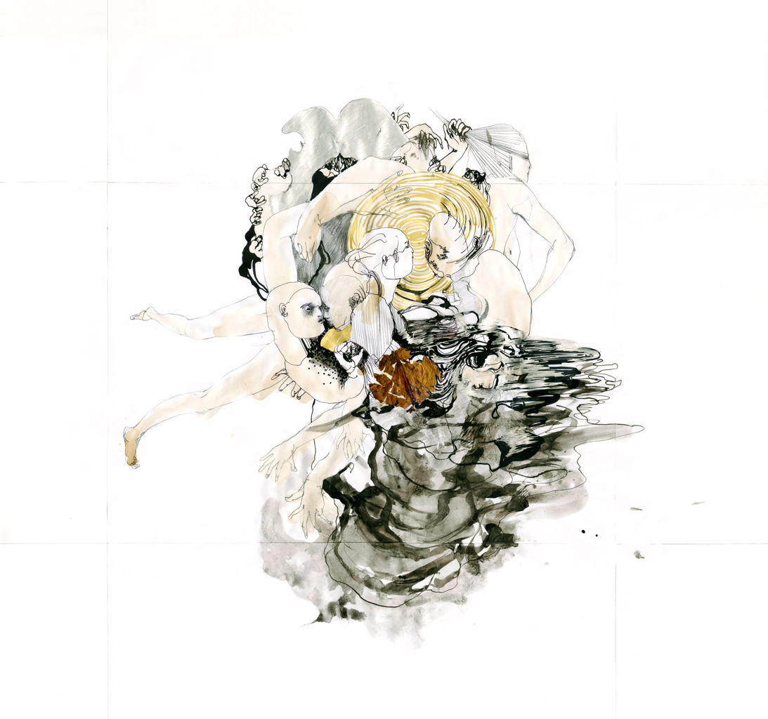 Choi, J. (2015). Silent Murder. [Indian Ink, Petal, Tea, Marker, Pencil & Paper]. 63 x 59 cm