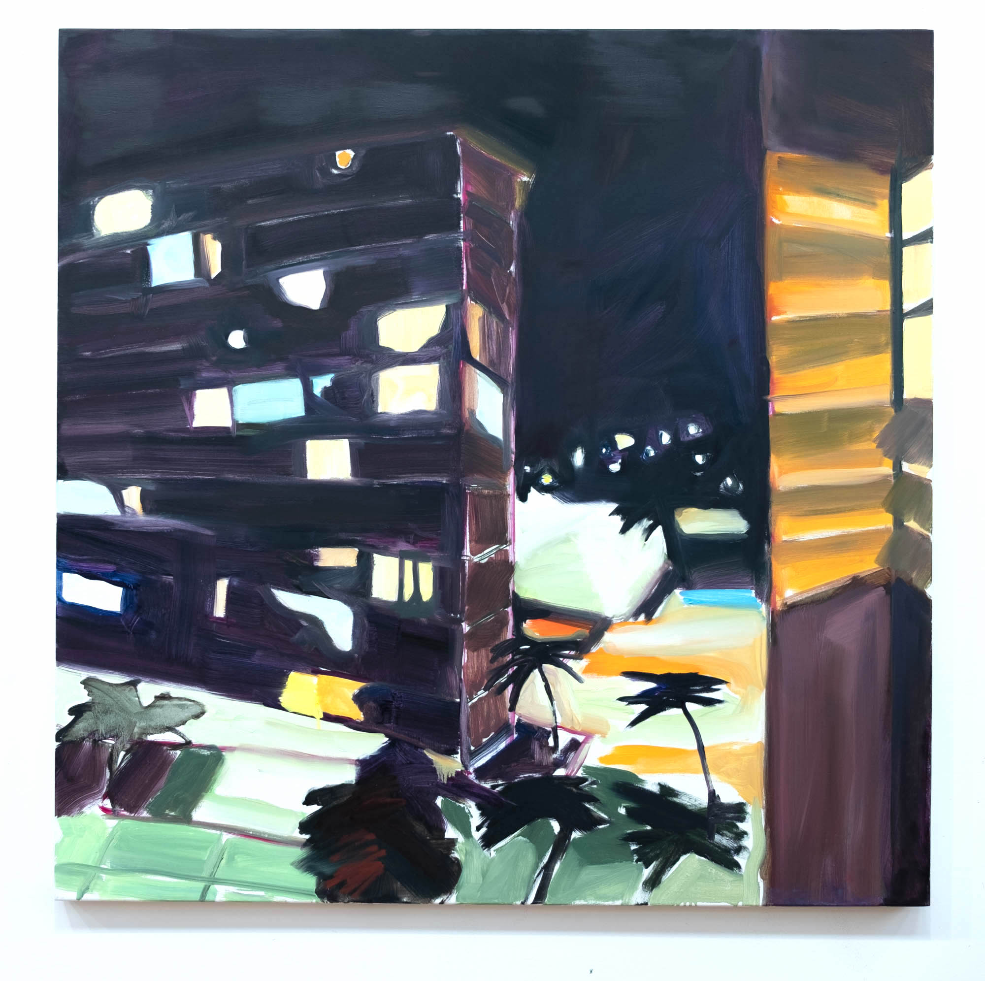 Beach apartments with amber lights, oil on linen, 46 x 46 inches, 2019