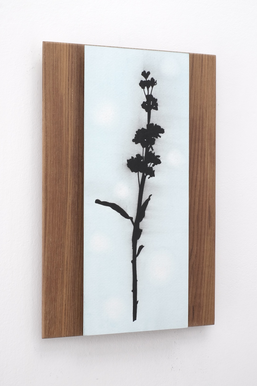 ‘A solid silhouette touches a soft sky’, 2022, acrylic on paper/aluminium and teak wood 			panel, 30 x 20 cm, private collection