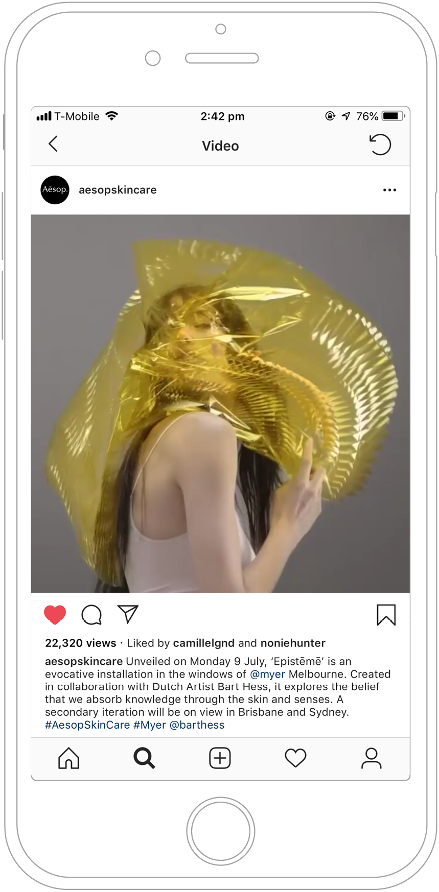 An instagram post featuring a woman's face and torso enveloped by a translucent yellow shield. 