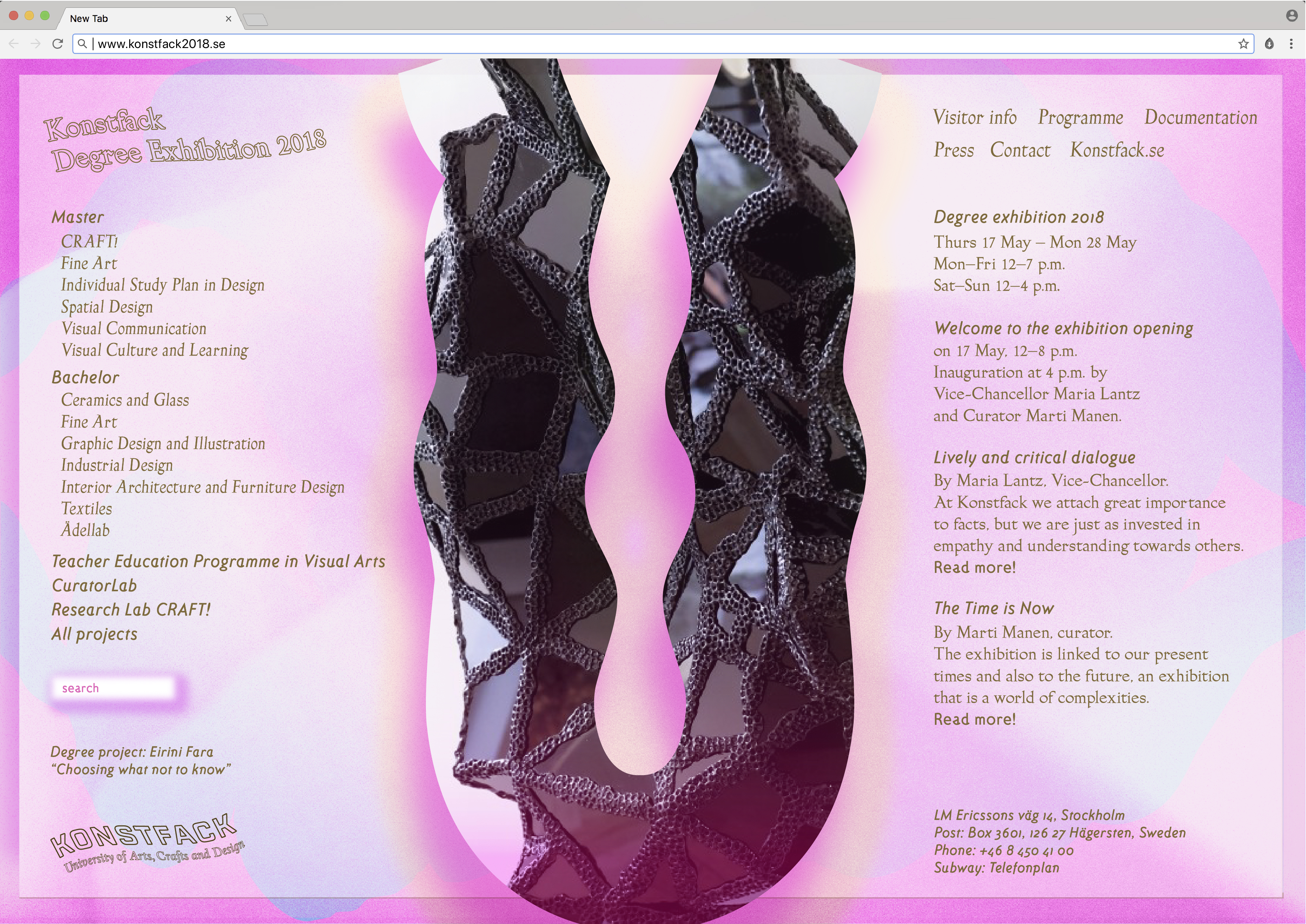 Proposal for website homepage. The requested "student work image" is placed in the middle, to bring student's work at center stage through a decorative form, which updates with each reload