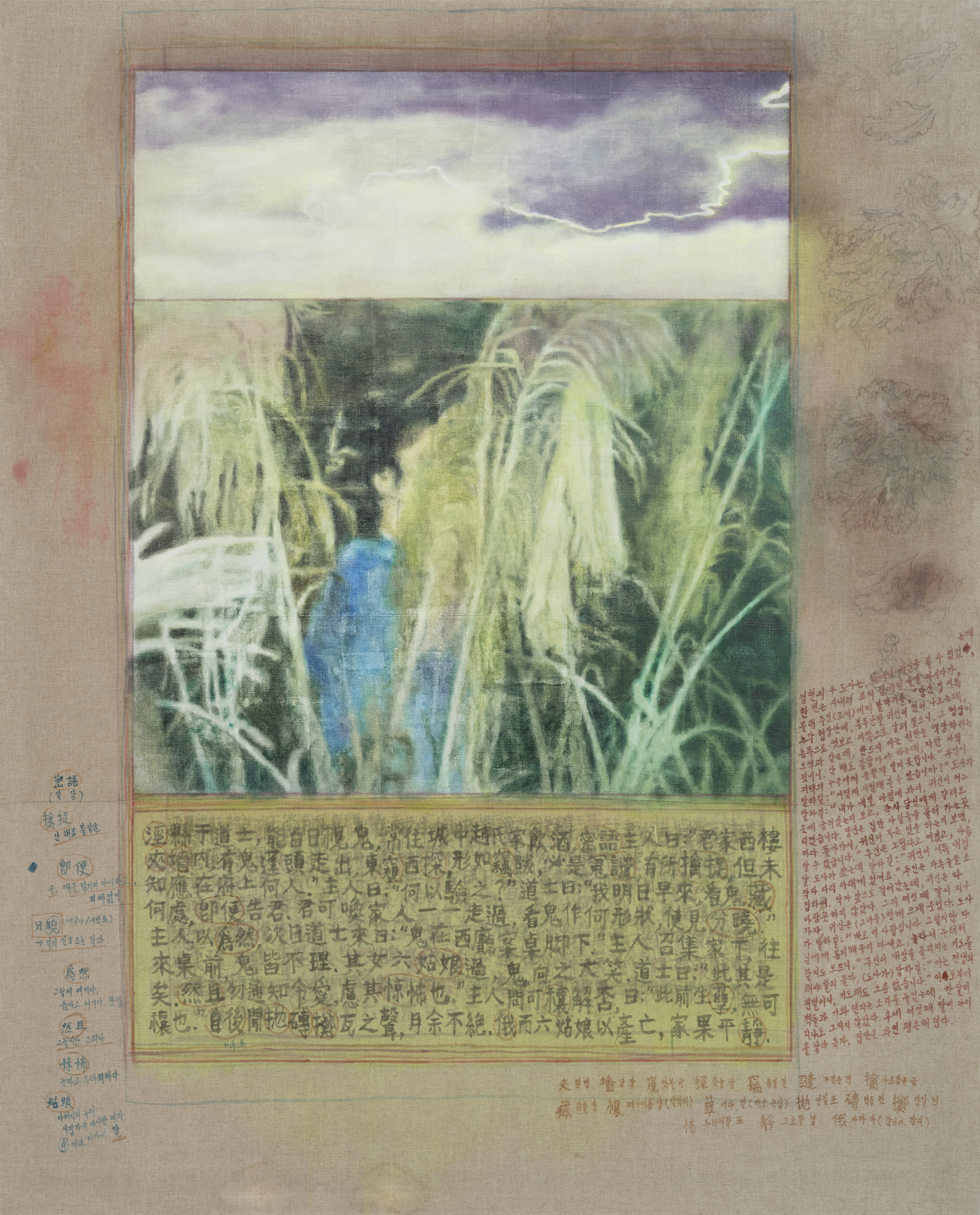 봉두난발 귀신과 여섯 번째 딸 A Disheveled Ghost and the Sixth Daughter / 2025 / watercolor, oil on linen / 210x170cm