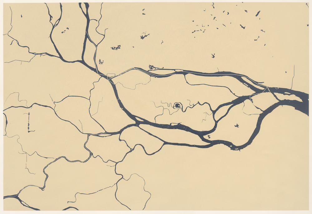 Lucas Ihlein, Guangzhou Delta Haiku: Haizhu Sea Level Rise Maps - Light blue colour indicates land already below sea level, screenprint on paper, 2016.