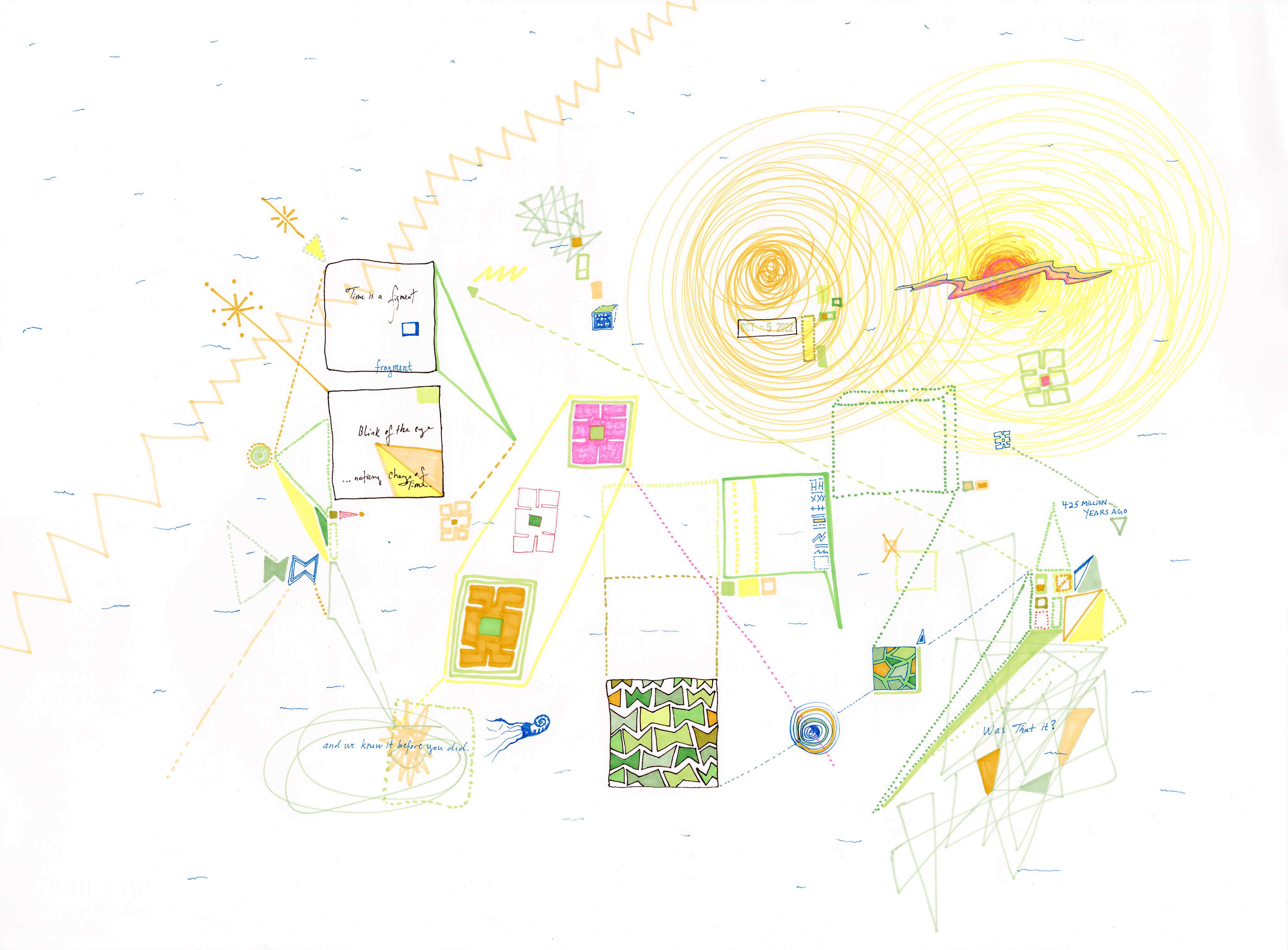 Drawing 53/56 from 56 days at the Dome House 22.5 x 30 inches, ink, Chine-collé, etching and stamps on Arches 88 paper - BUY