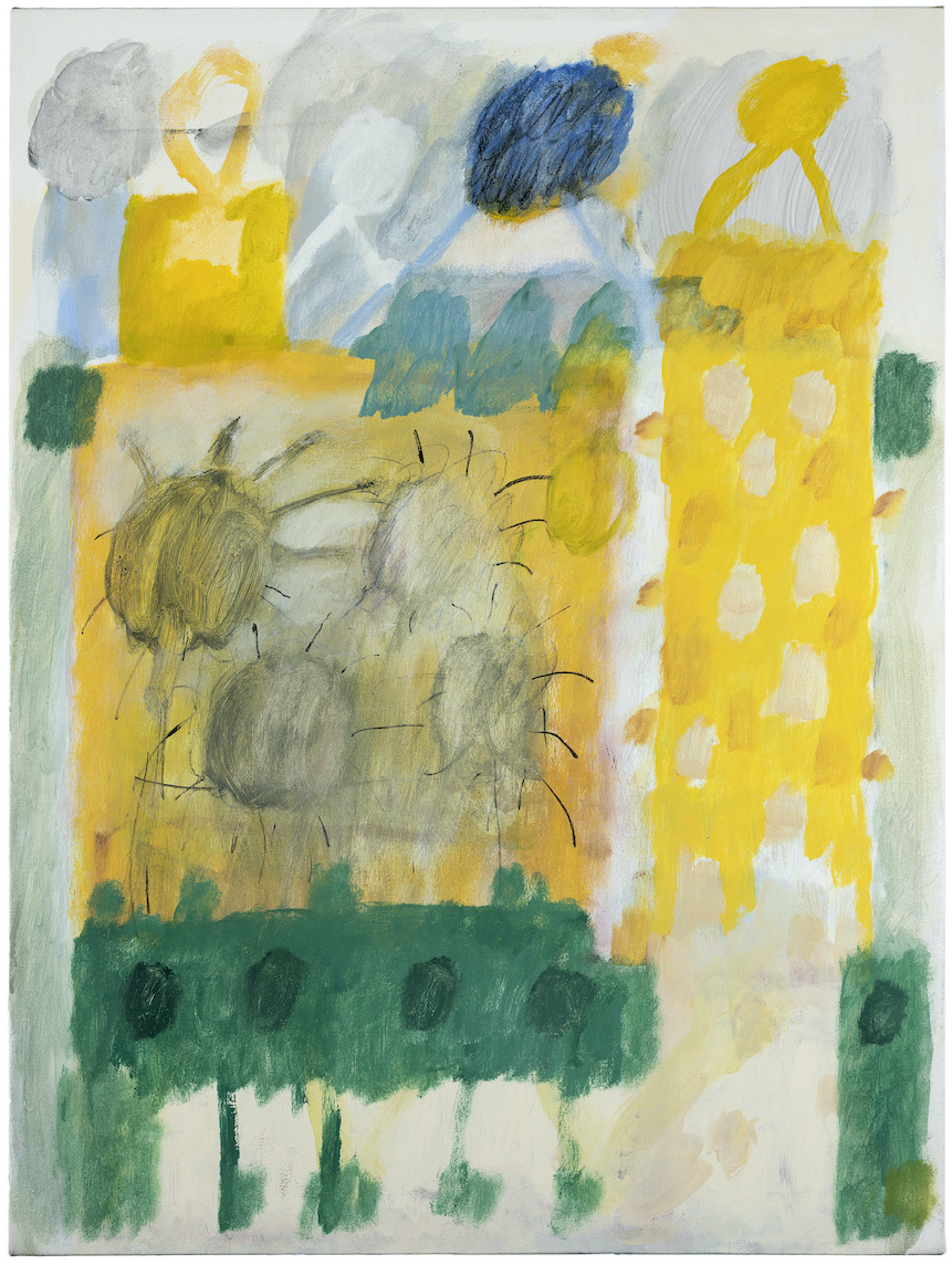 Blue for the sky, the green in the garden and yellow sun, 2020, Acrylic and charcoal on canvas, 102cm x 76cm