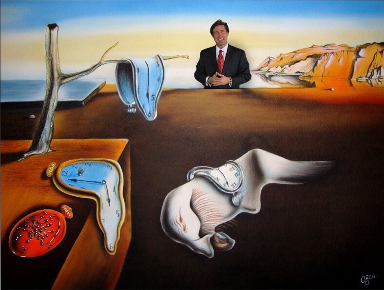 Watch Salesman on The Persistence of Memory (after Dalí), 2024, photomontage, 31 x 24 cm