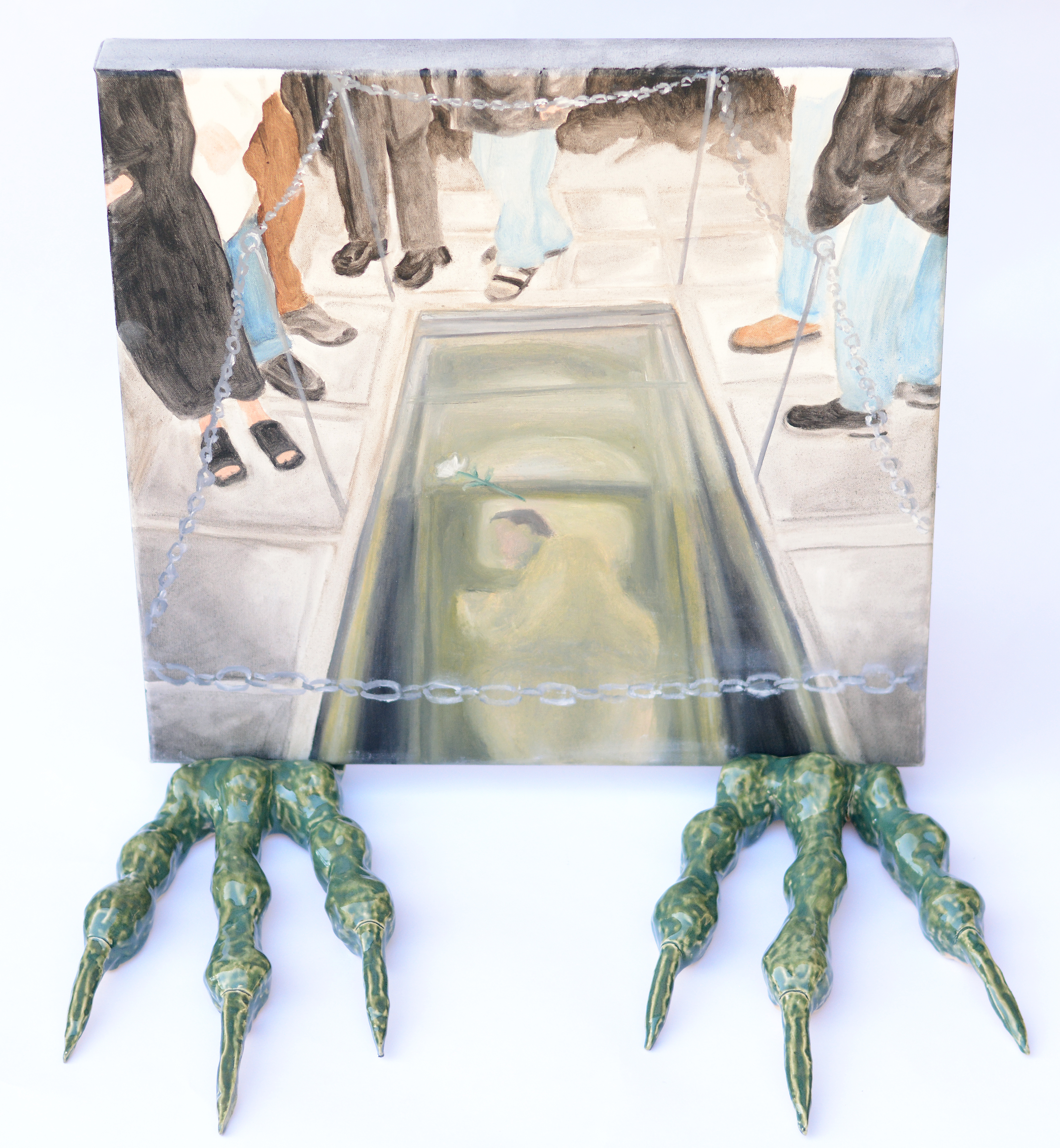 Buried Alive and Claws Out, Emma Lyn Winkler, 2024, oil and acrylic paint on canvas and glazed ceramic, dimensions variable.