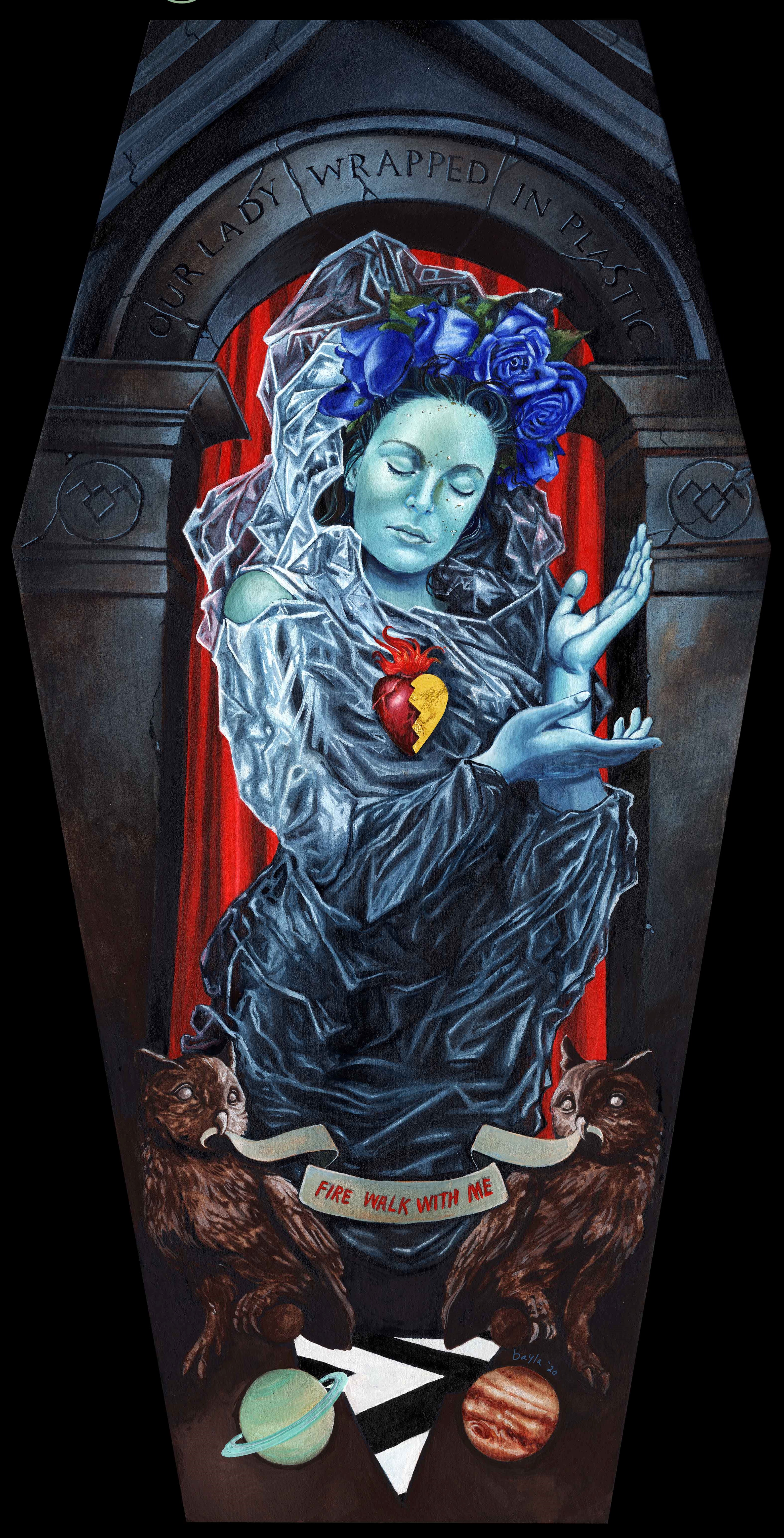 Our Lady Wrapped in PlasticWatercolor and Gold Leaf7"x14"2020