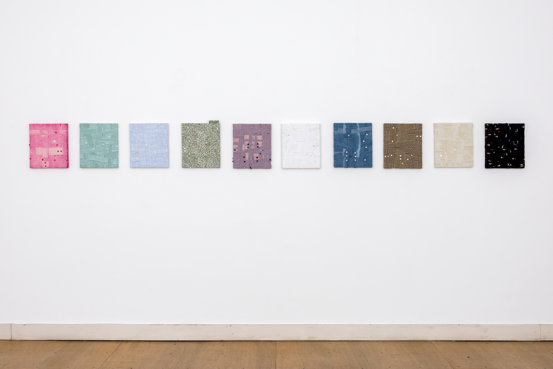 ’Perfect Friends - Perfect Lovers’, 2025. Installation view at PHOEBUS ROTTERDAM. Men’s shirts hand stitched over wooden stretchers. 35 x 30 cm - 35 x 61 cm.