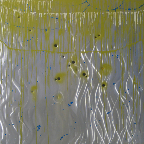 Polychromaculate #20, 2003, aluminum with gunshot, 42x42 in