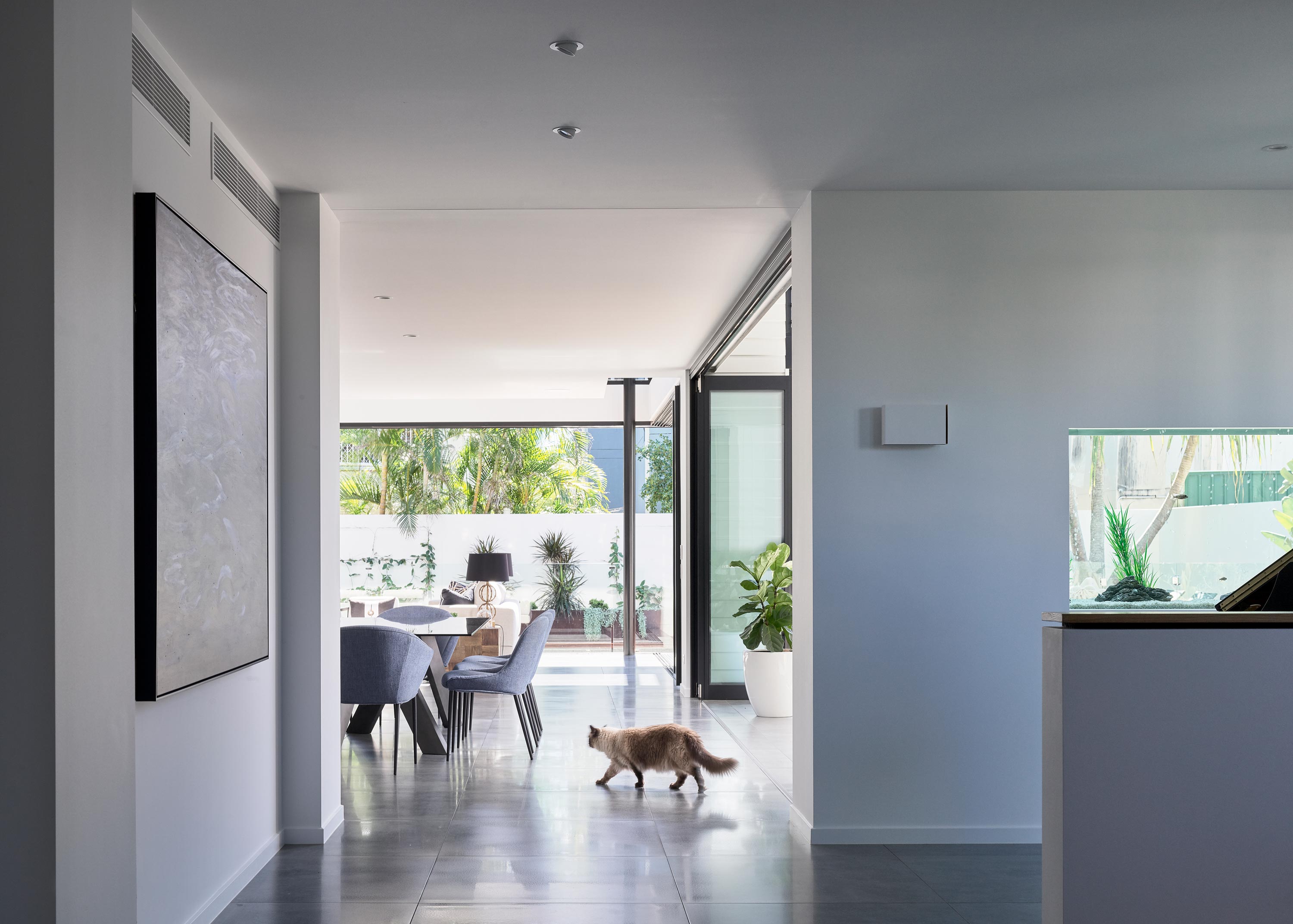 Hallway view through to dining, living and outdoor living of a contemporary home in Mermaid Beach on the Gold Coast.
