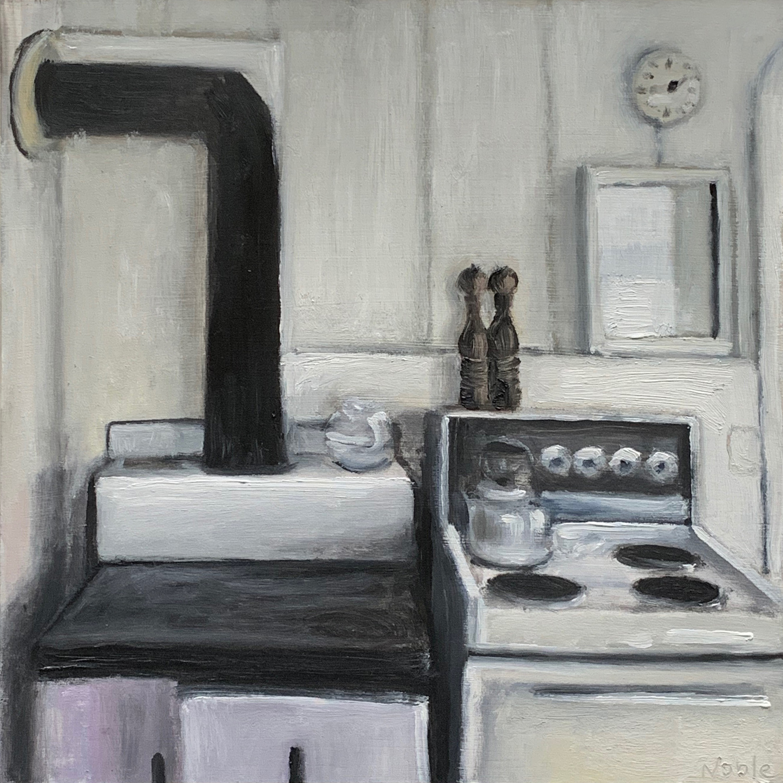 Stoves in White Kitchen, 2019, oil on cradled wood panel, 10x10in.