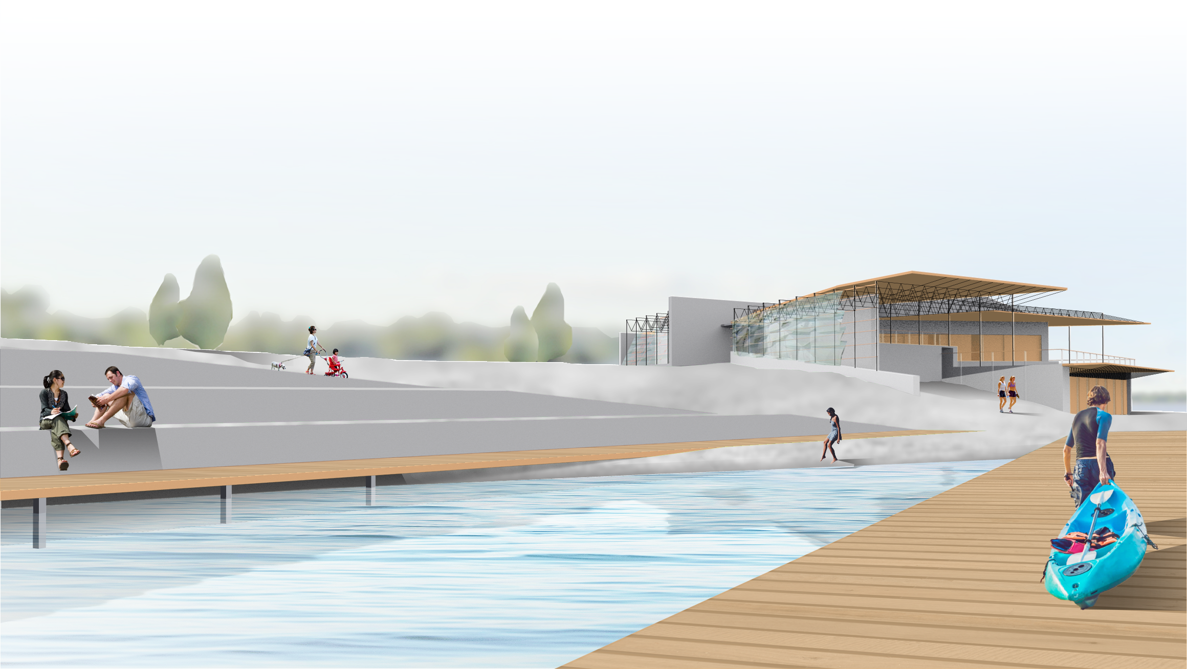 Looking back on the boathouse & nature center from beyond the kayak launch &mdash; Threshold