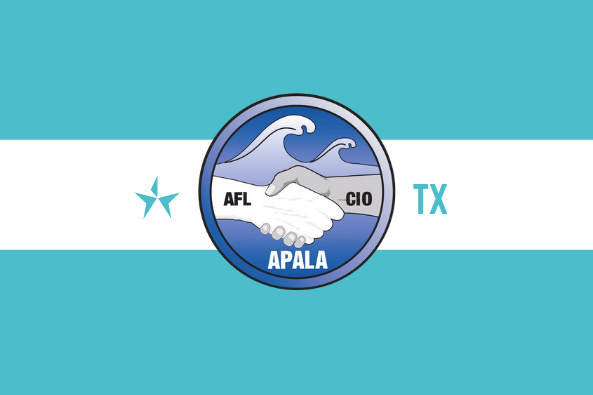 An aqua rectangular background with a white band crossing horizonally across. In the middle is the APALA, AFL-CIO seal which is two hands shaking with a picture of waves in the background. To the left of the seal is a star that looks chiseled and on the right is the text; TX.