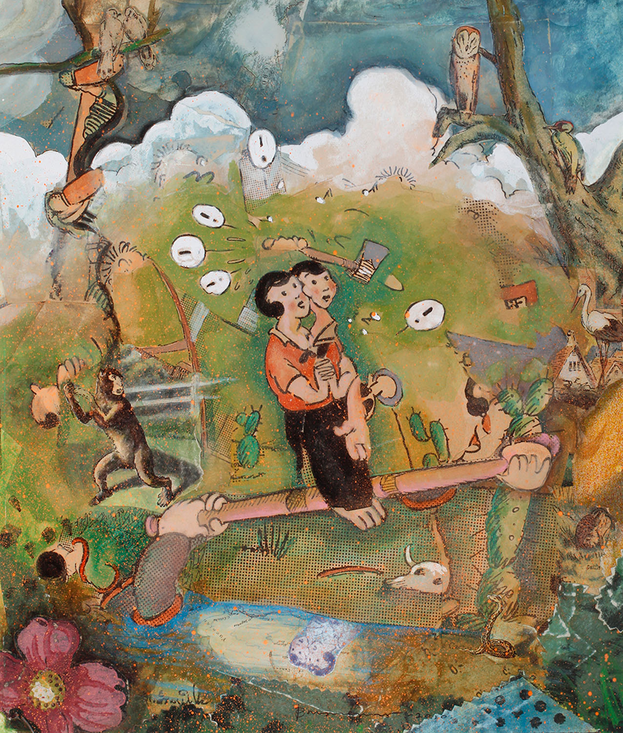 Doubleheader, 2010, Original paper collage, gouache on museum board, 14 x 12 in.