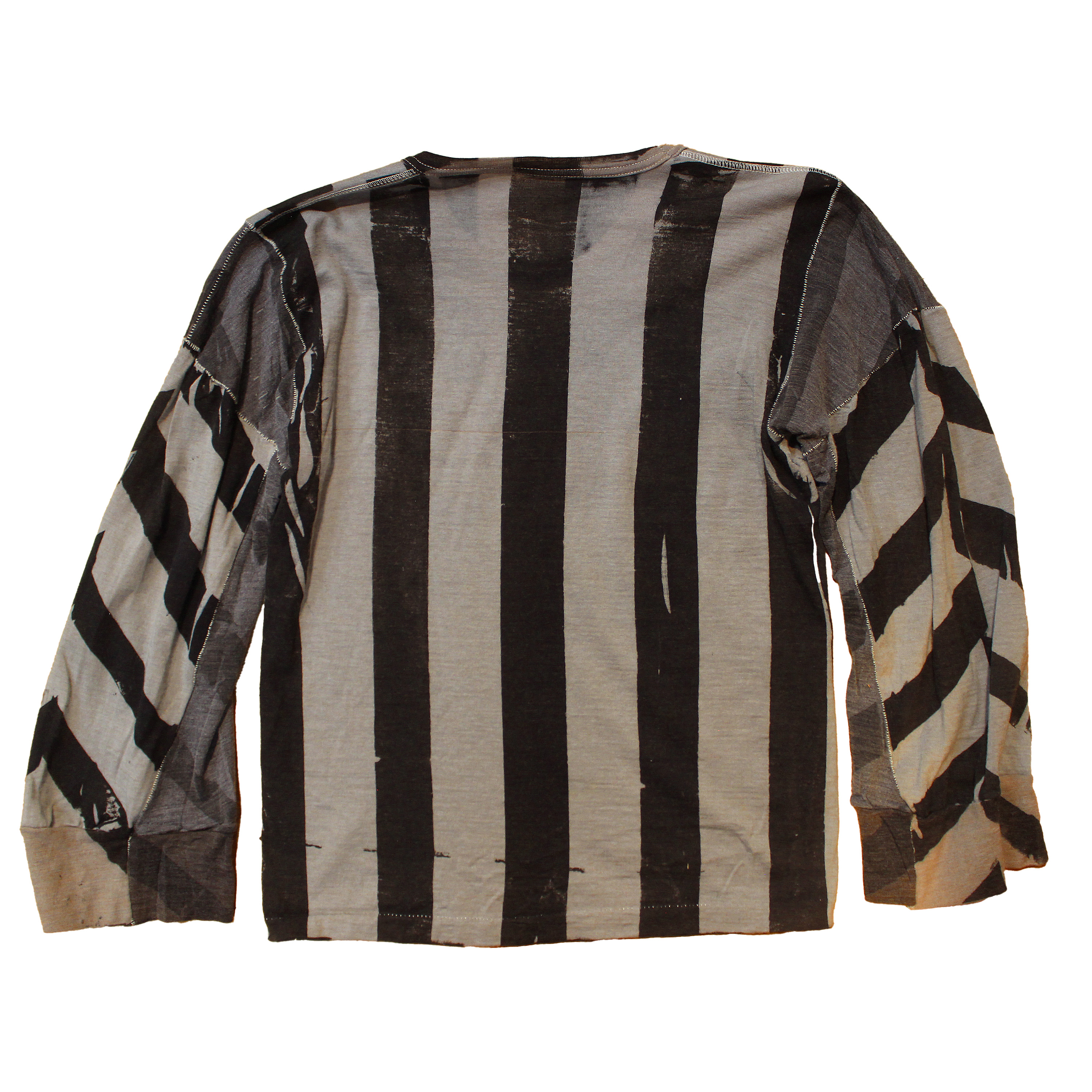 reclaimed vintage surplus thermal shirt tailored to have a boxy fit and wide sleeves. Allover printed with stripes using textile dye