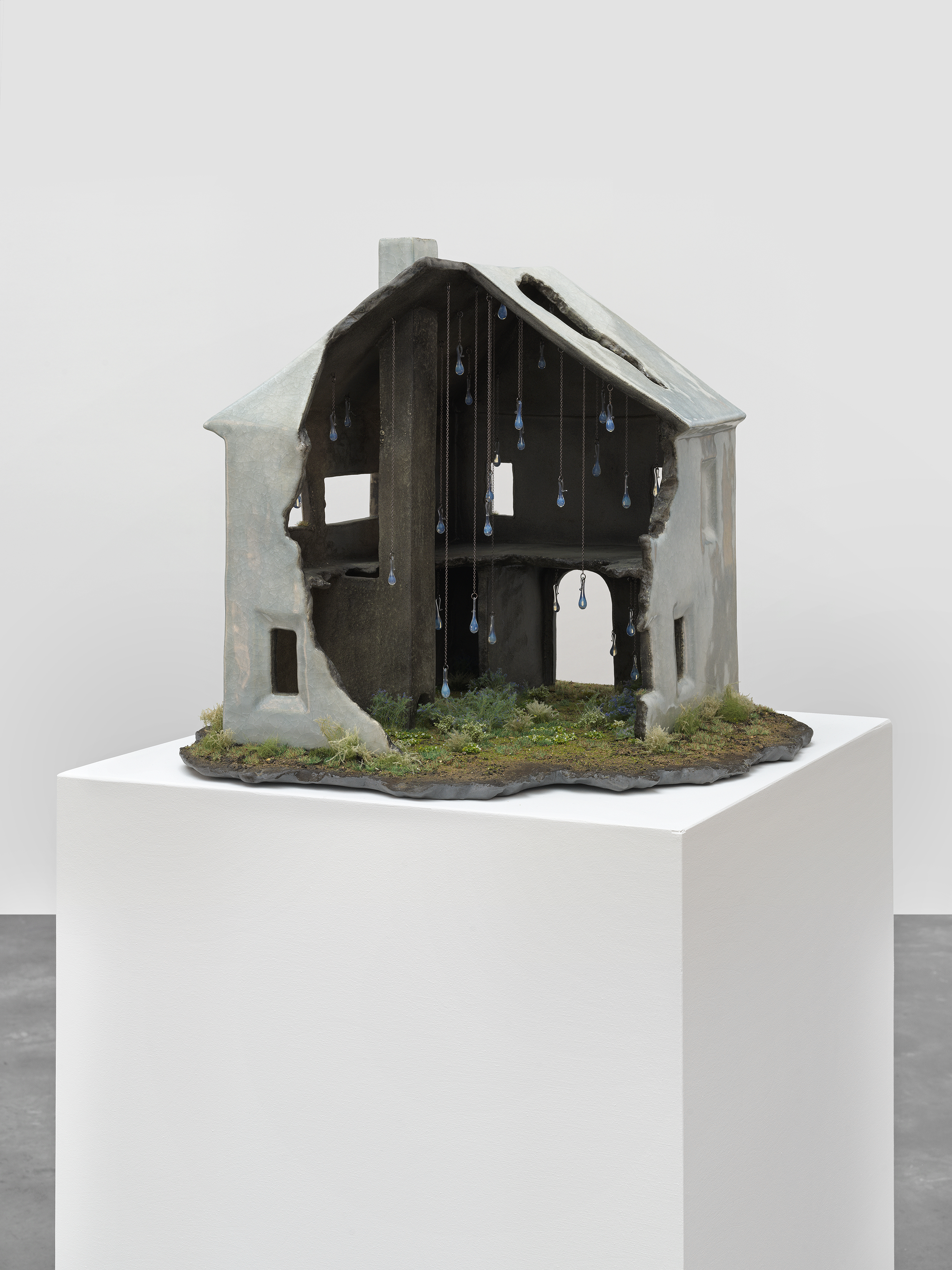 House of Light, 2025, glazed ceramic, glass, chain, acrylic, diorama grass, 16 x 20.5 x 19 1/4 in.