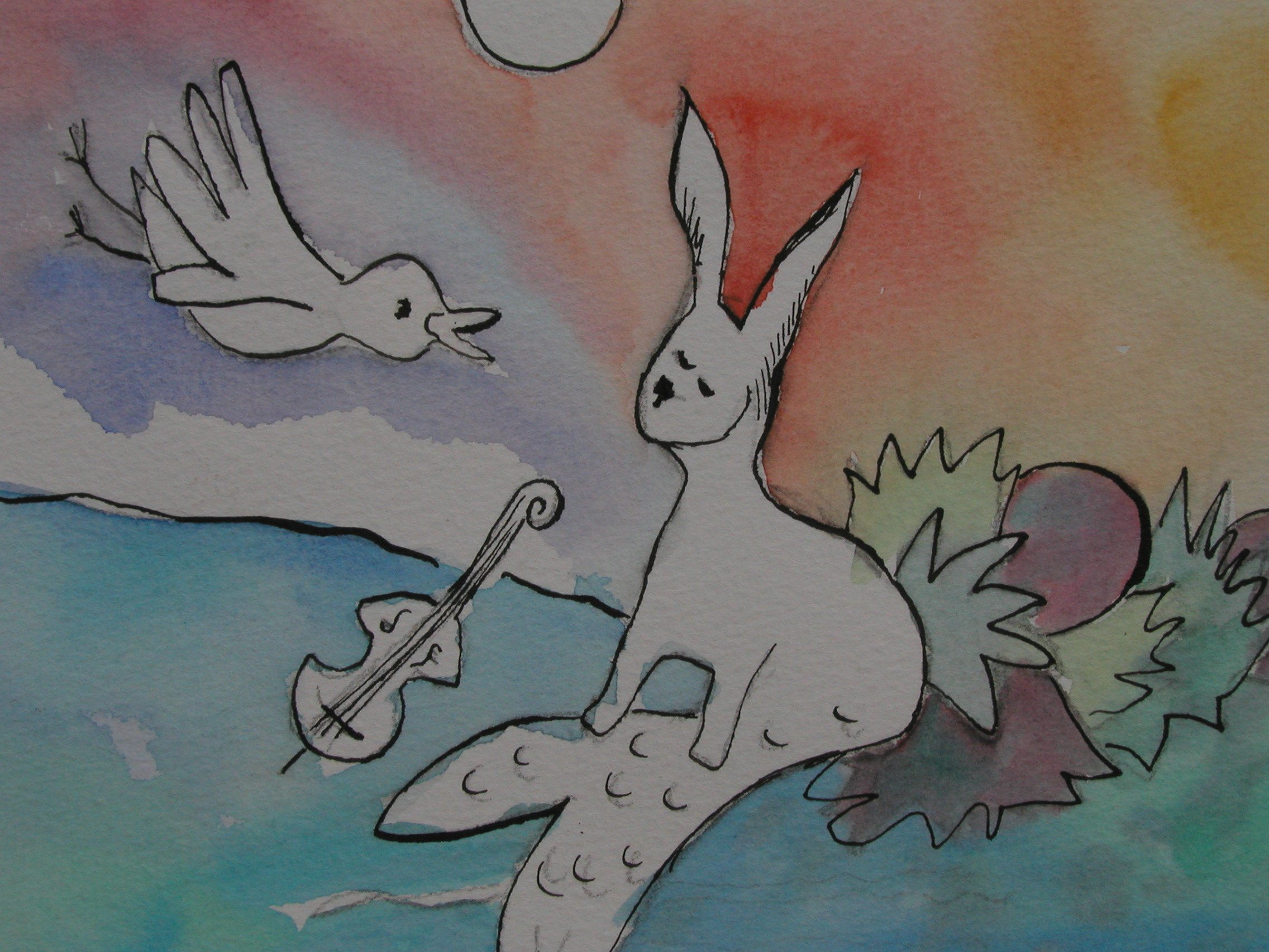 Vogel en konijn met viool Werk op papier 27 x 25 cm  Gebruikte technieken: aquarelverf, oost indische inkt.  Dit werk is verkocht.