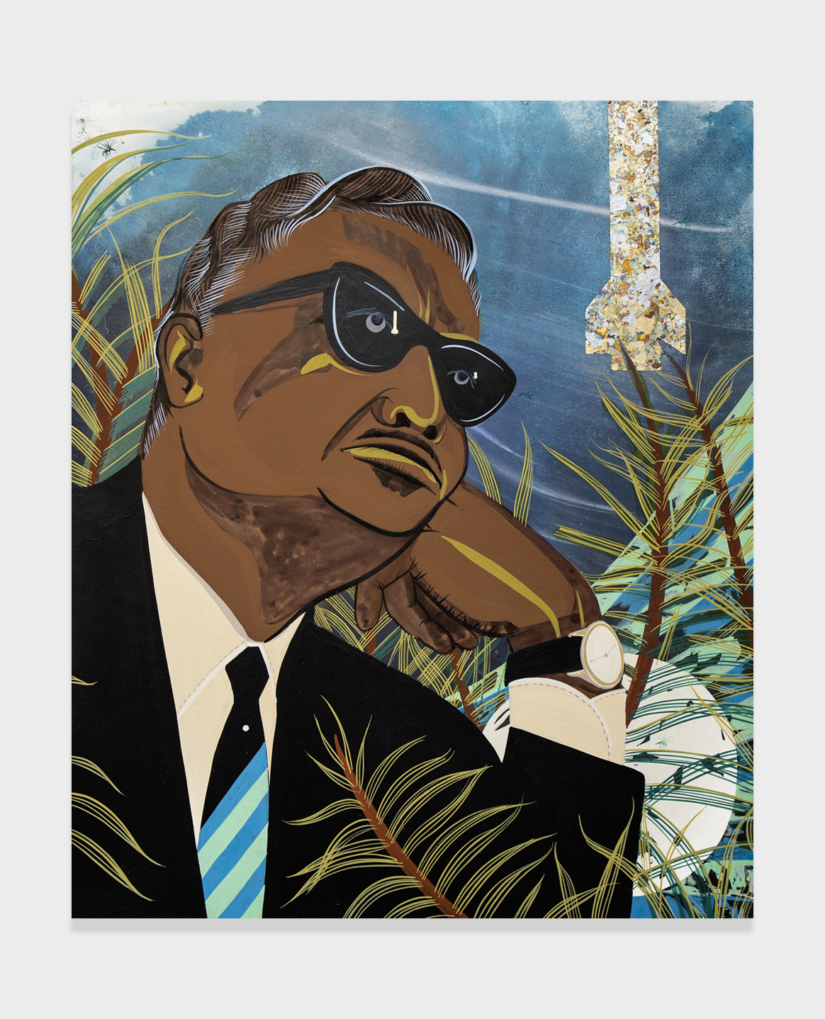 Commander of the Sea, Chou En-Lai, Gamal Abdel Nasser, 2021 - Watercolor, vinyl paint, pastel, and metal leaf on paper stretched over panel, 61 × 50.8 cm / 24 × 20 in, SGD 8 888.88