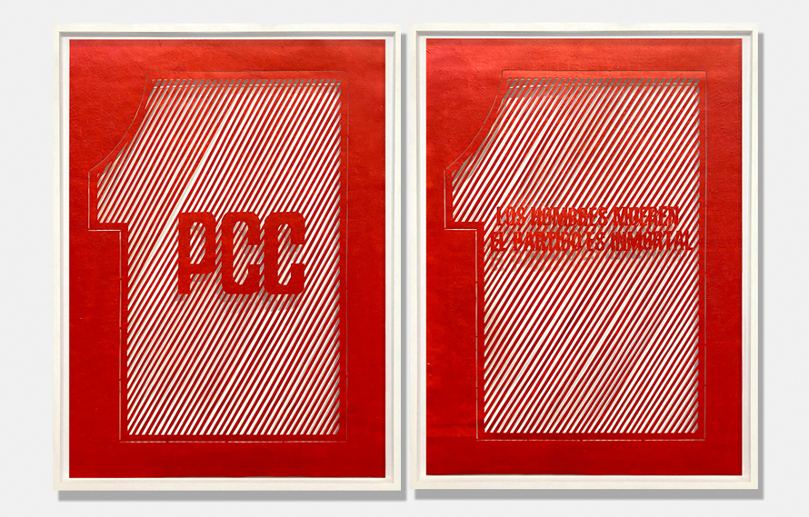 Hamlet Lavastida, Los hombres mueren, el partido es inmortal, 2016. Acrylic on paper, 27 x 20 inches each. Dyptich.