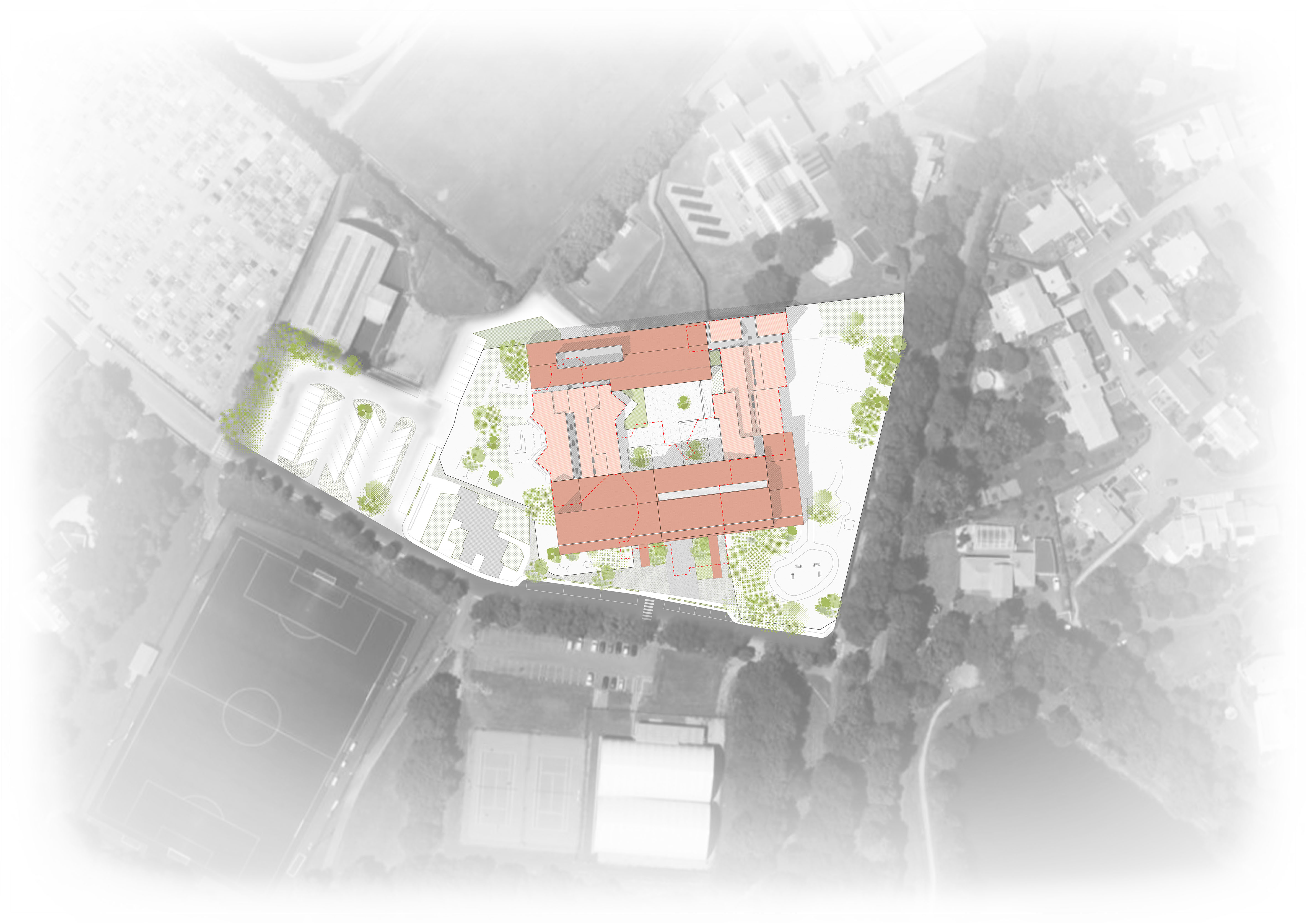 Plan masse avec empreinte de l'existant en tireté rouge