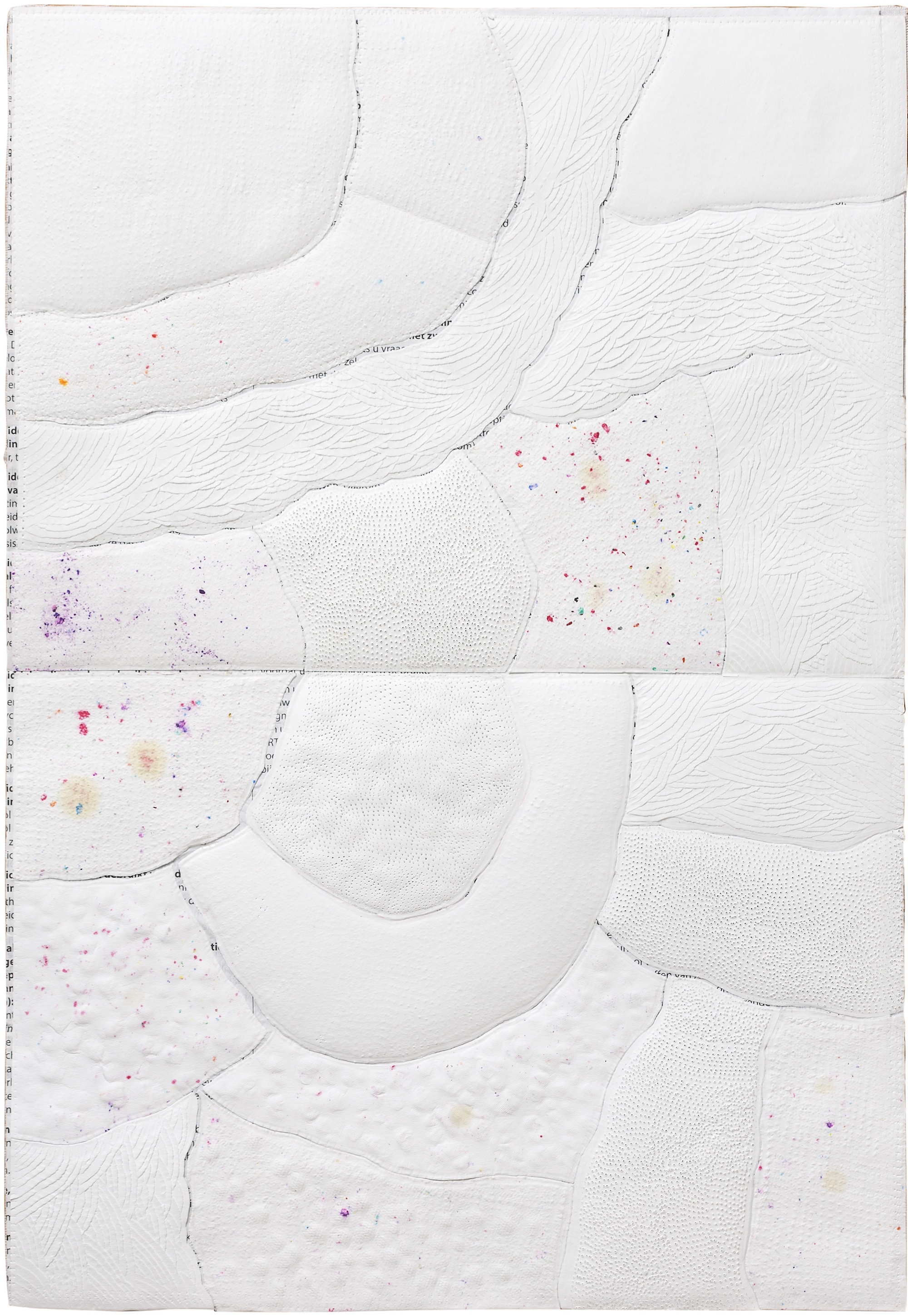  White Blur, 2018 . Color pencil, perforation and carvings on paper mounted on medicine information leaflets . 42 x 27 cm