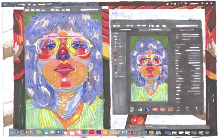 "desktop selfie." marker on paper, 7"x4", Fall 2020.