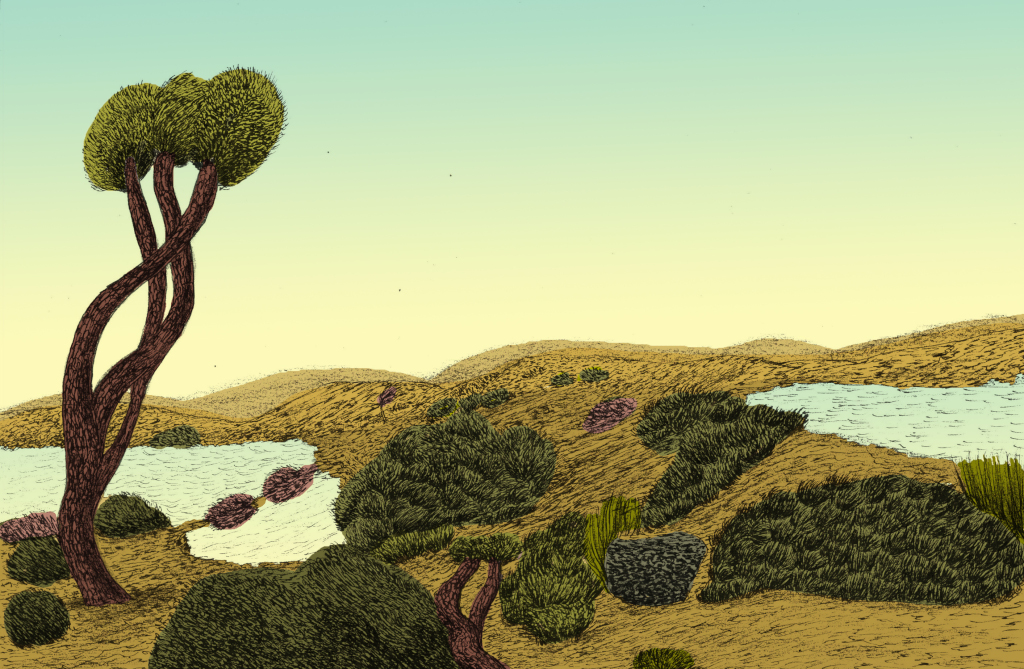 Somewhere, 2021, Ink, pencil on paper and digital coloring, 40x60cm, Limited edition giclée prints on Hahnemühle German Etching paper (Edition 1 of 25)