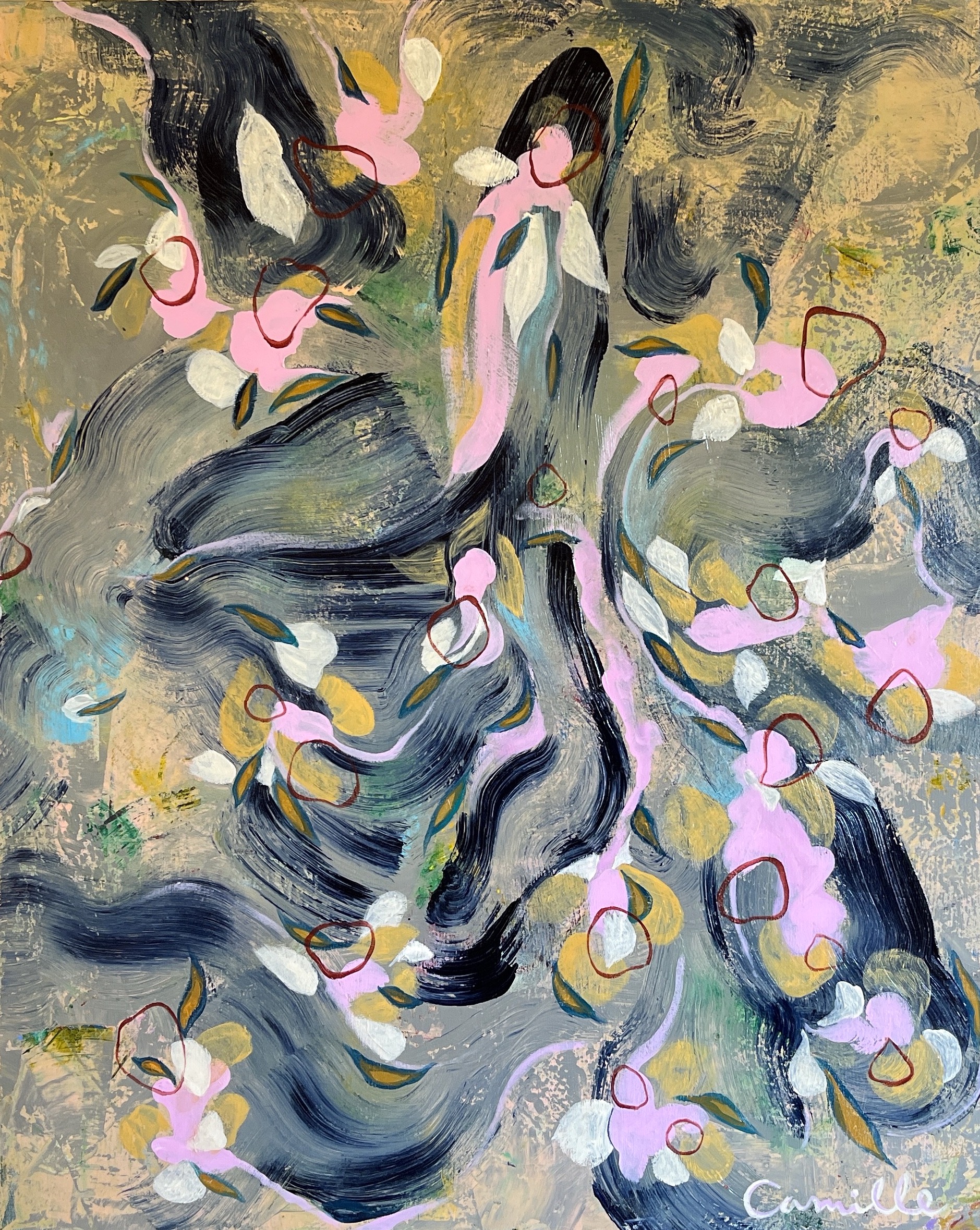 seed indistinguishable from flower, 24x36 acrylic, tempera, and spray paint on found canvas.