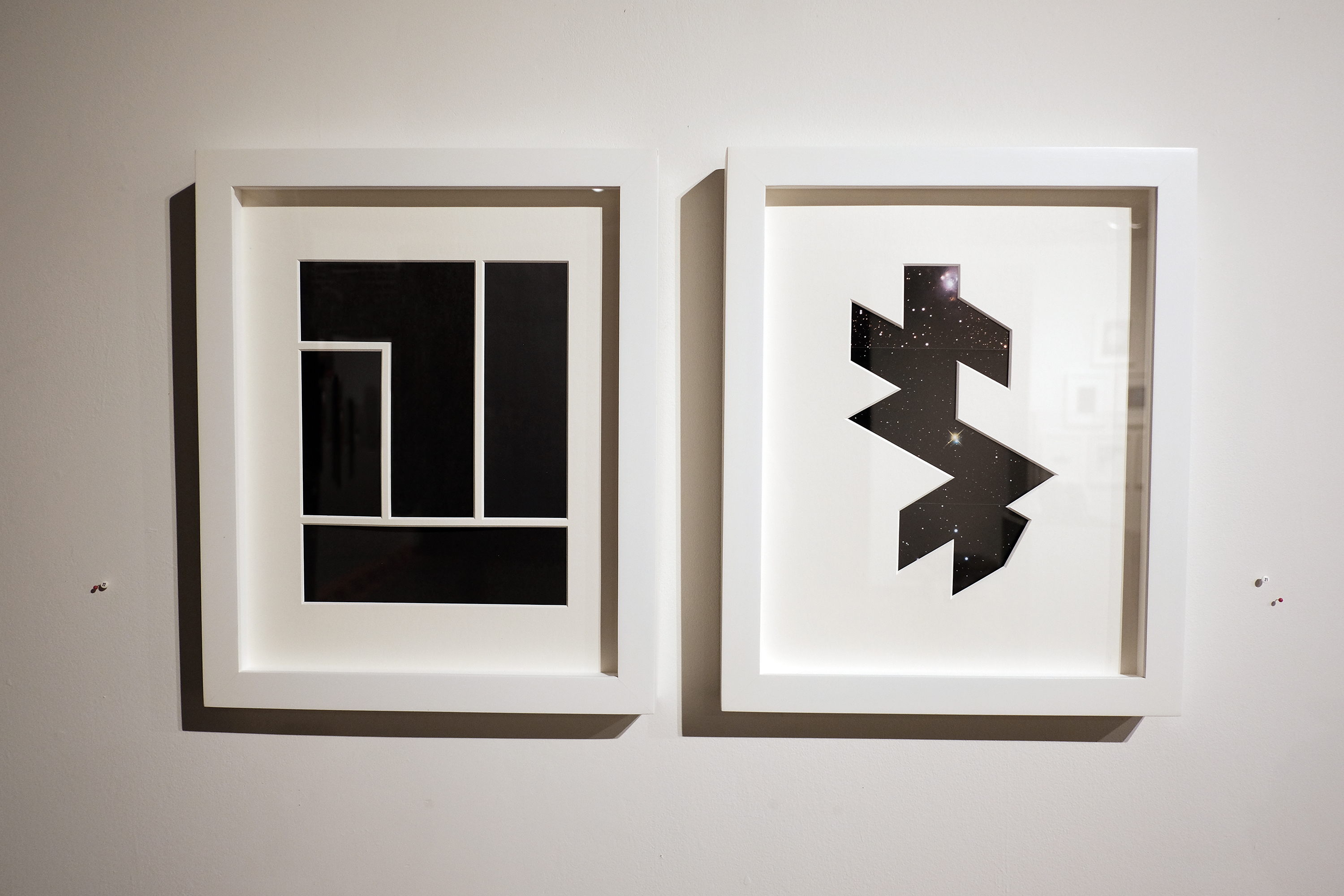 left: untitled (spaceblax), right: untitled (dymaxion celestial emrapping) paper collage 2017 20" x 16" each. Photo credit: Erica Robert Pallo