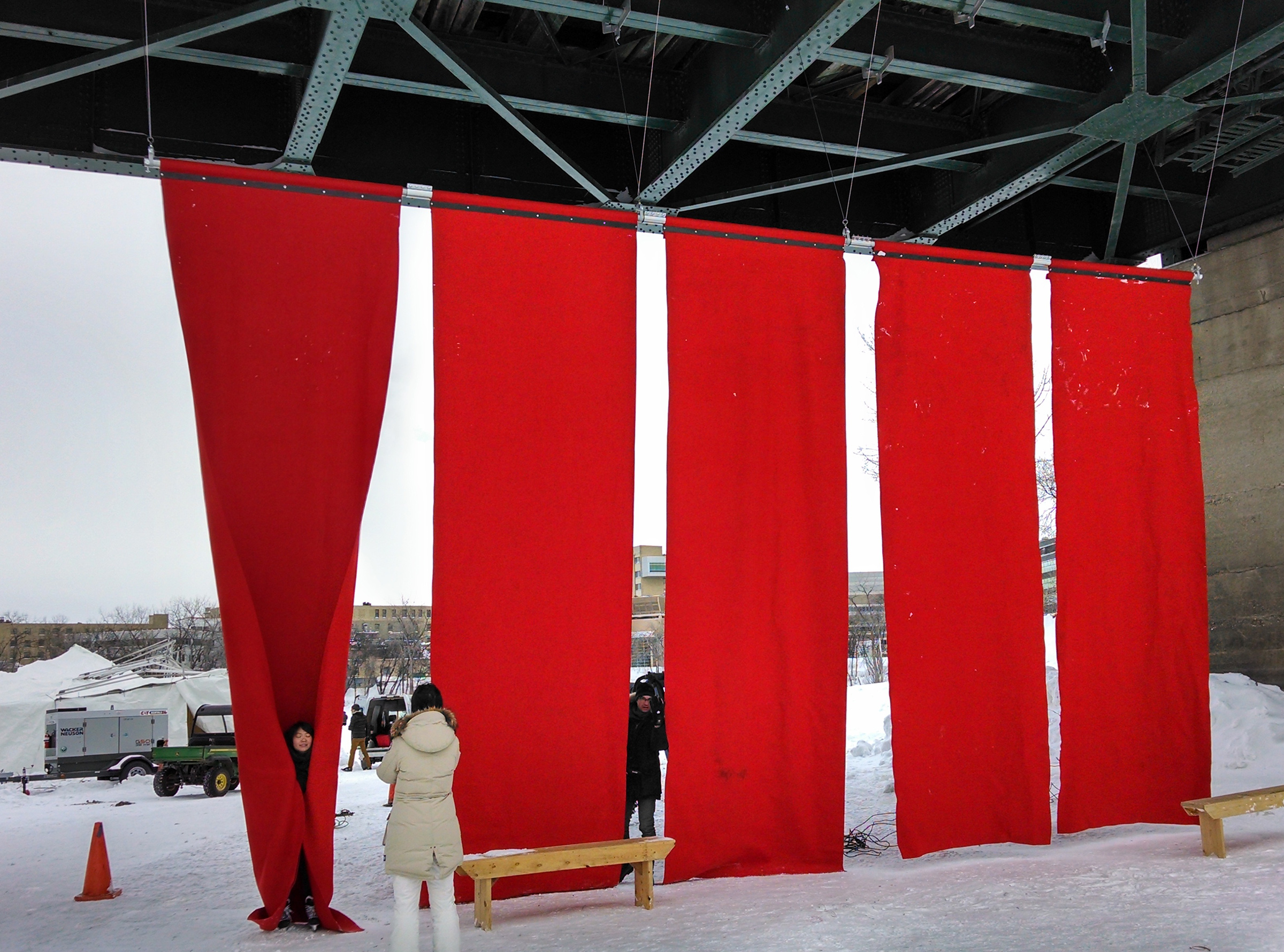 Photo of visitor testing Red Blanket during installation