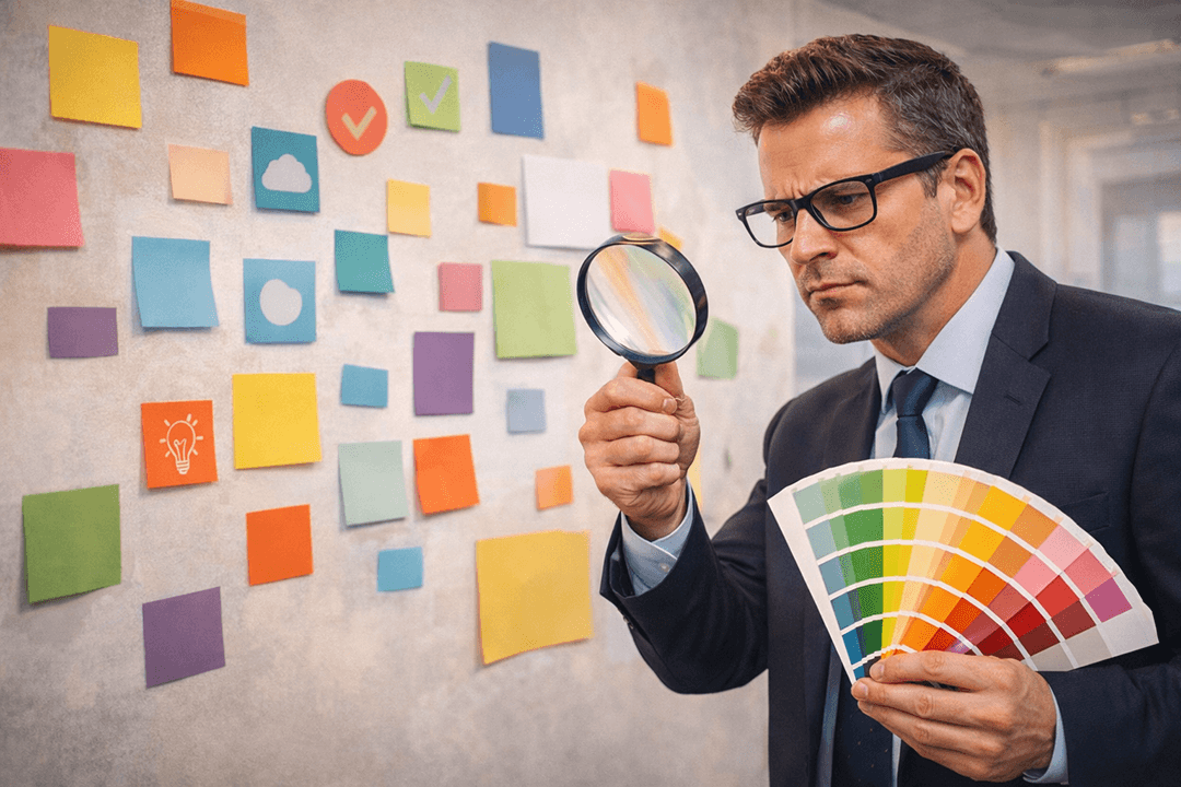 Awkward stock photo of a serious &ldquo;brand consistency officer&rdquo; in a suit holding a giant colour palette fan and a magnifying glass, inspecting mismatched sticky notes and random icons on a wall. The wall has shapes and colour blocks but no readable words. Overlit, corporate, mildly absurd, slightly uncanny AI vibe, wide banner crop, no text, no logos.