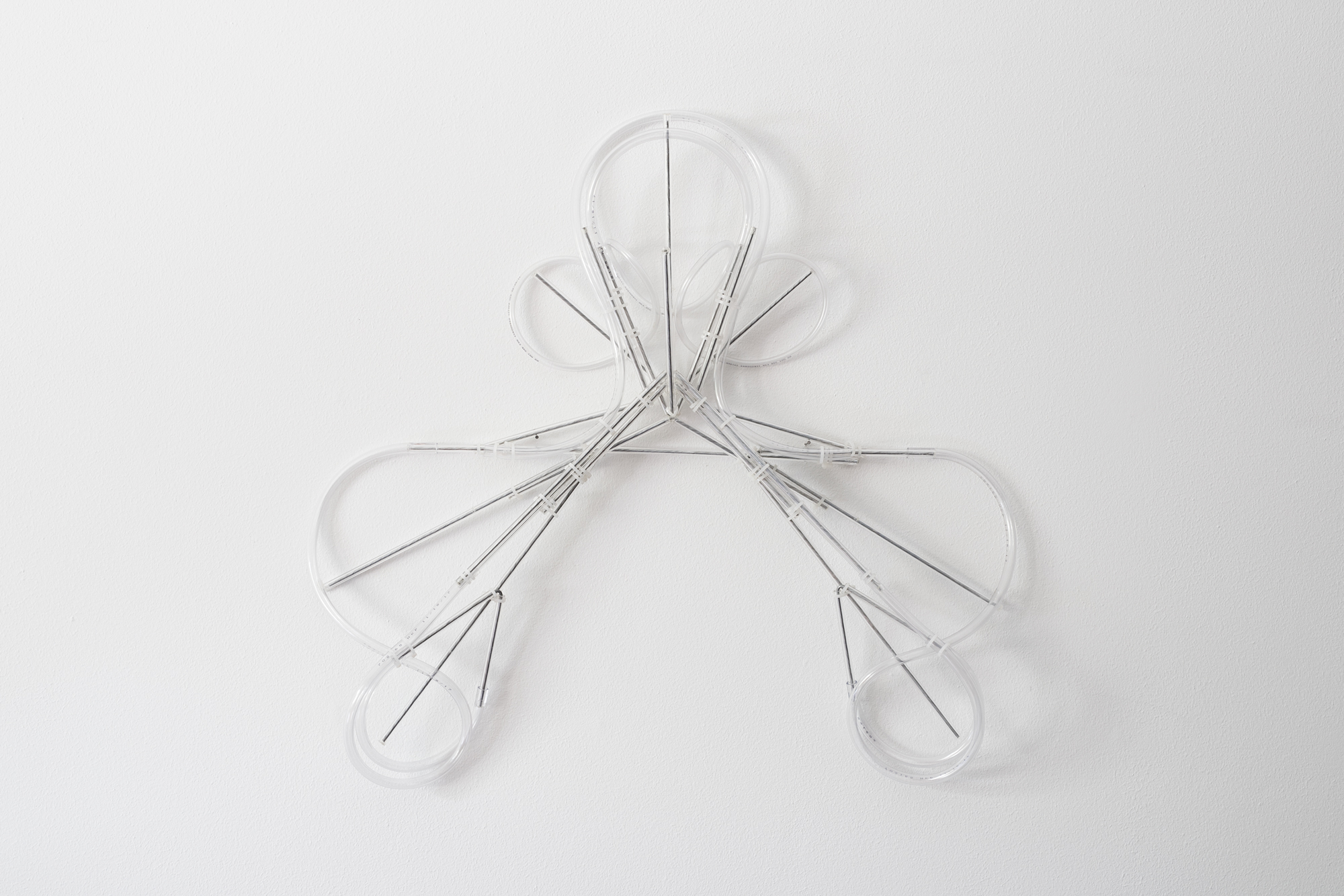 Towards an Inverted Pyramid (Structure 01), galvanized steel, aluminum, acrylic and PVC vinyl tubing, 24x24x6in, 2018