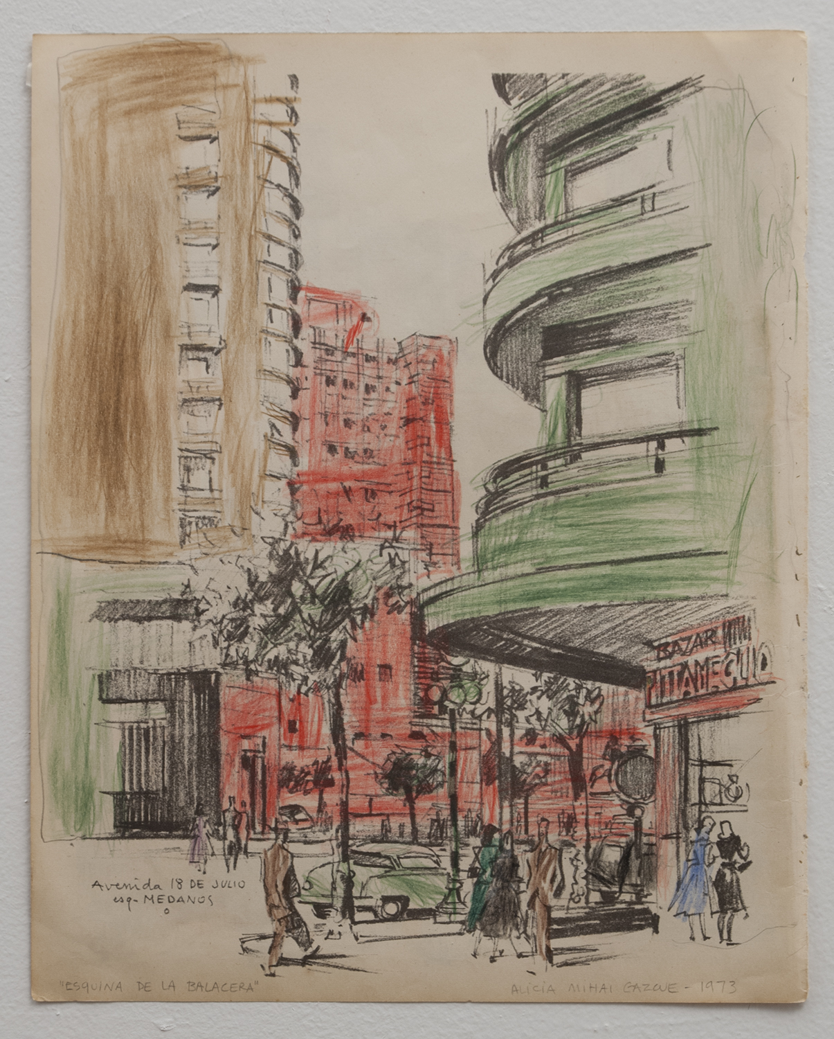 Esquina de la Balacera, 1973 Color pencil on printed paper 11.5" x 9.25" 