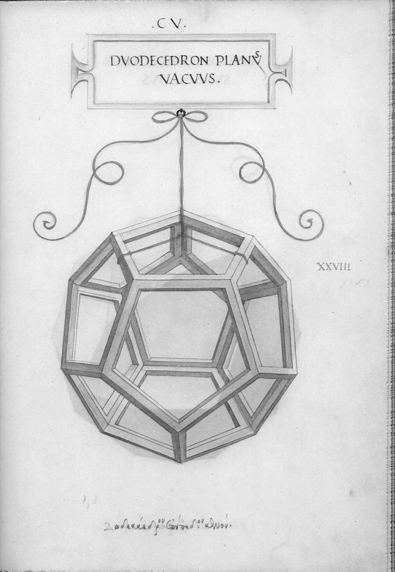 Three polyhedral designed by Leonardo da Vinci for Luca Pacioli, from a manuscript copy of De Divina Proportione kept at the Biblioteca Ambrosiana (MS 170 sup.)