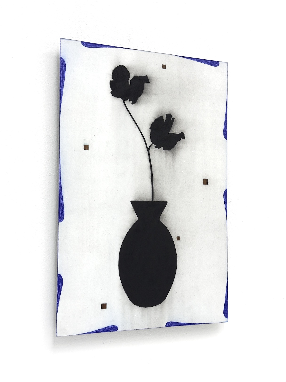 ‘Acts of support and comfort’, 2024, conté pencil, acrylic, ballpoint and Palissander wood veneer on paper/aluminium, 30 x 20 cm.