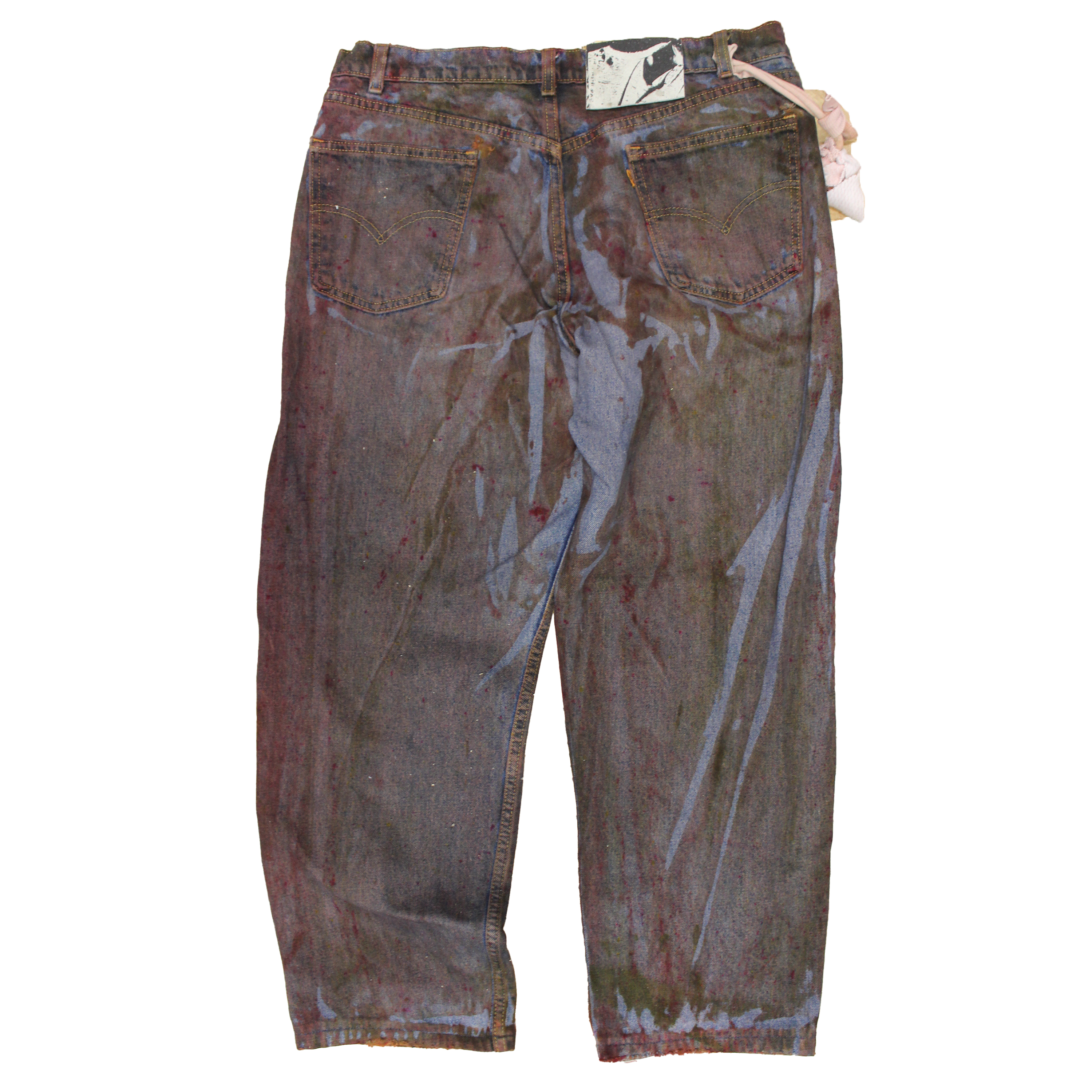 reclaimed vintage surplus denim screen printed with textile dye & various metals. tailored for straight/wide fit. fitted with custom keychain, scrap chain, and leather patches