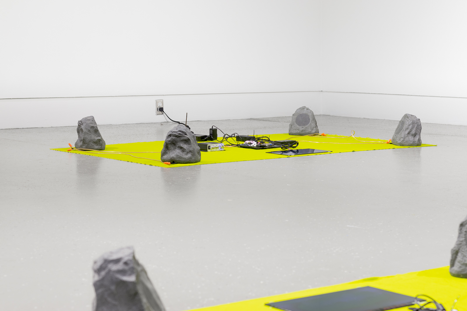 Thermochromic workflow, 2020, heat-sensitive fabric, led screens, led controllers, media players, flash drives, amplifiers, faux rock speakers, cables, each approximately 44 x 77 in. (112 x 196 cm)