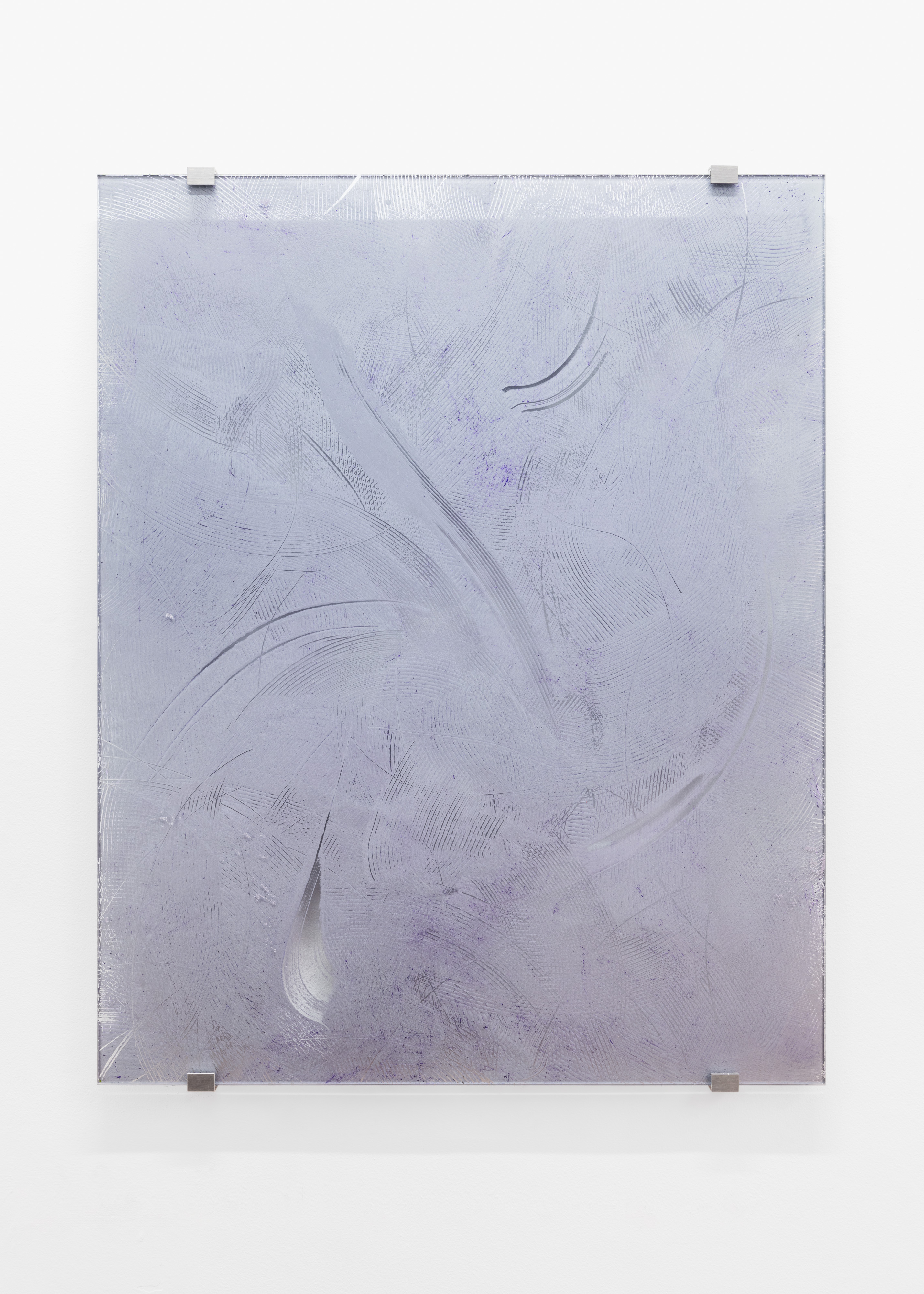 A light-year embrace, 2024, acrylic and enamel paint and ink on glass, tyrian pigment and silver 100 x 80 cm