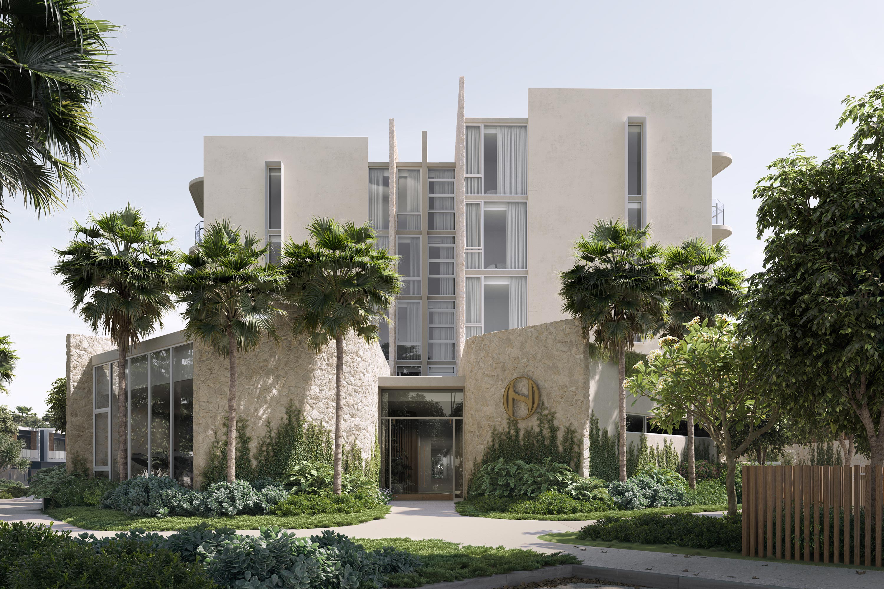 Stone grand entrance to communal gymnasium located within the master planned community of Harbour Shores.