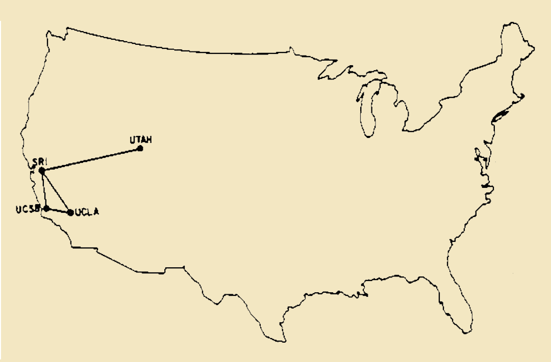 Mapa dos EUA com rede ARPAnet.