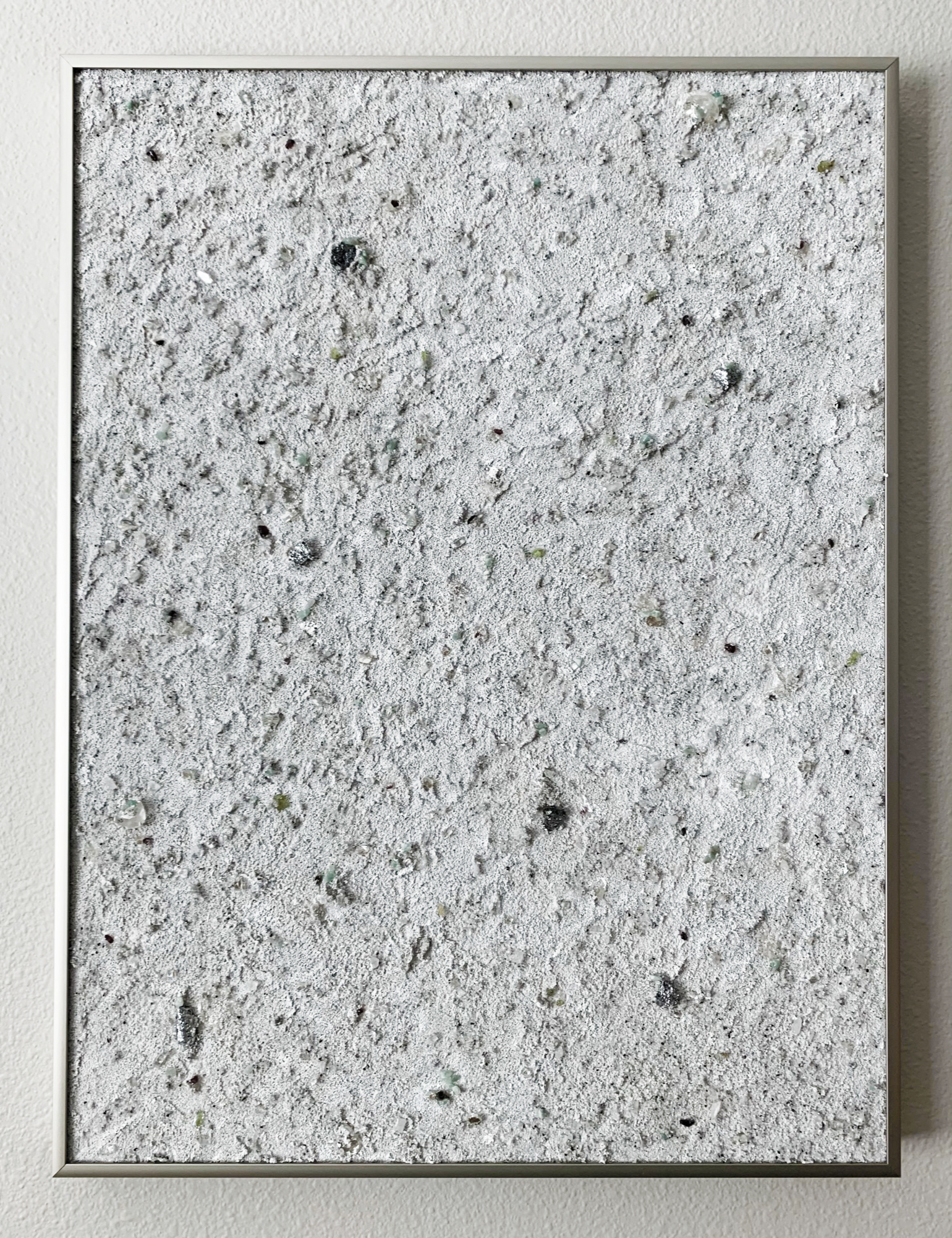 Tall Heights, Small Sights;  Peridot, citrine, aventurine, crystal quartz, garnet, magnesium, mica flakes, turquoise, pumice, glass, and sand on panel, 18”x24”