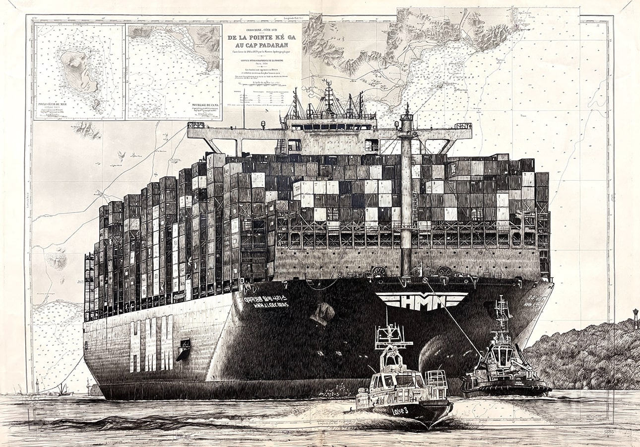 Franck Saïssi Cargo, 2025 Encre de Chine sur carte maritime Indochine, côte Sud, 1930 75 x 105 cm Courtesy de l’artiste et de La Maison Abandonnée