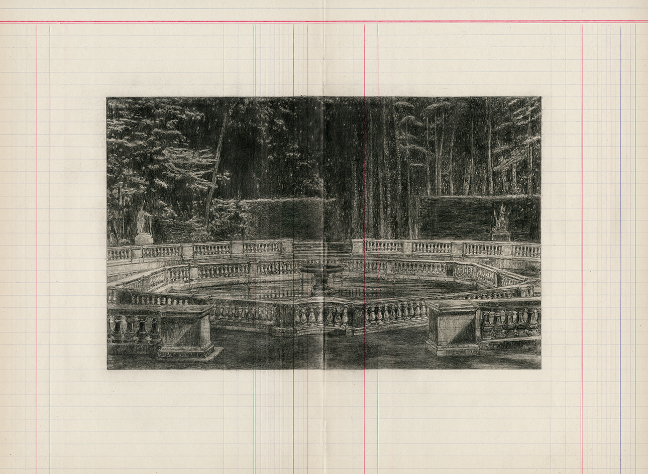 Valérie Sonnier Bassin, le bosquet des Dômes, 2024 Crayon et cire sur papier ligné 33,5 x 41,7 cm Courtesy de l'artiste et de la Galerie Nadja Vilenne 