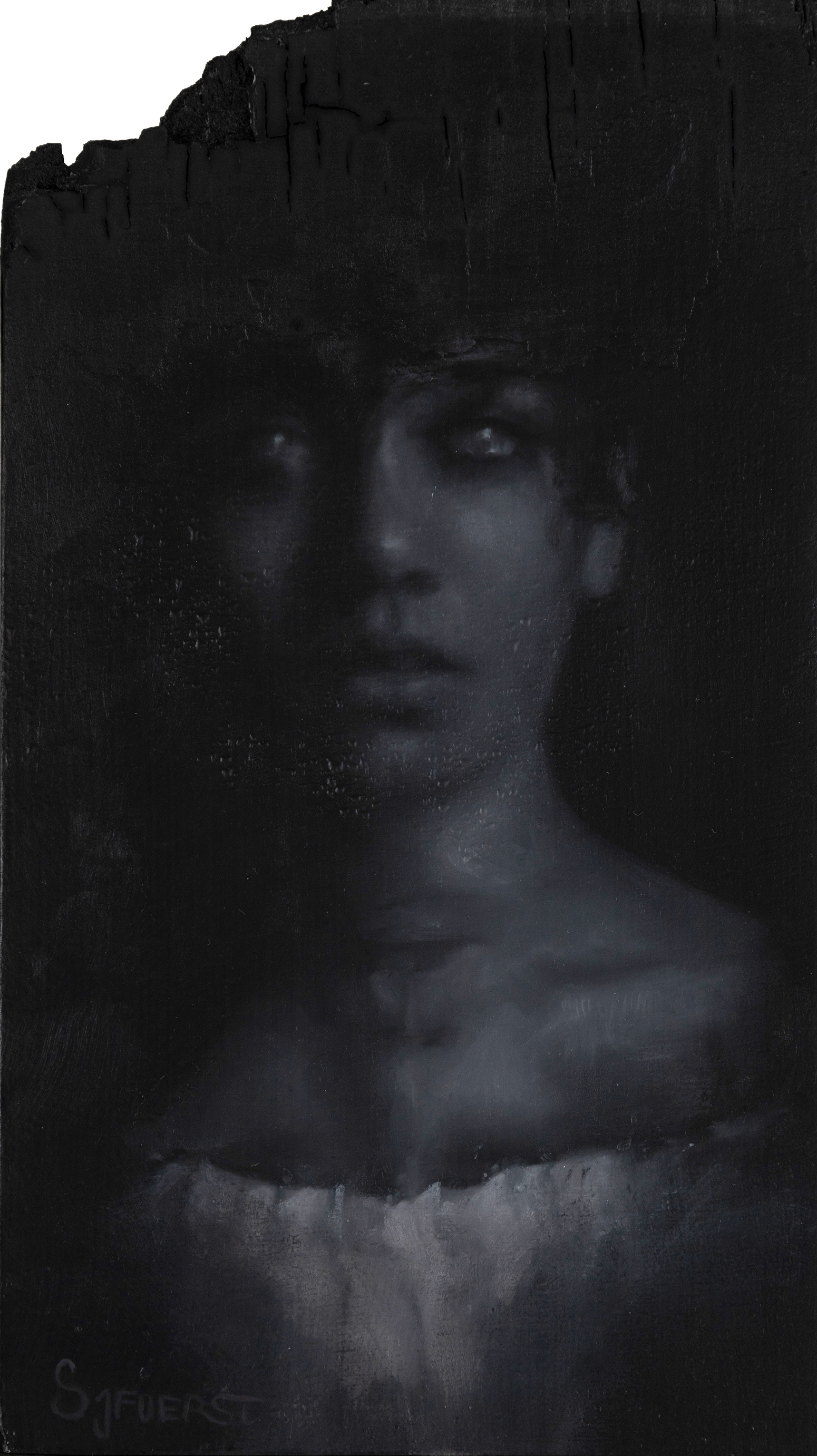 'Esmeralda', oil paint on burned panel. 27 x 15 cm