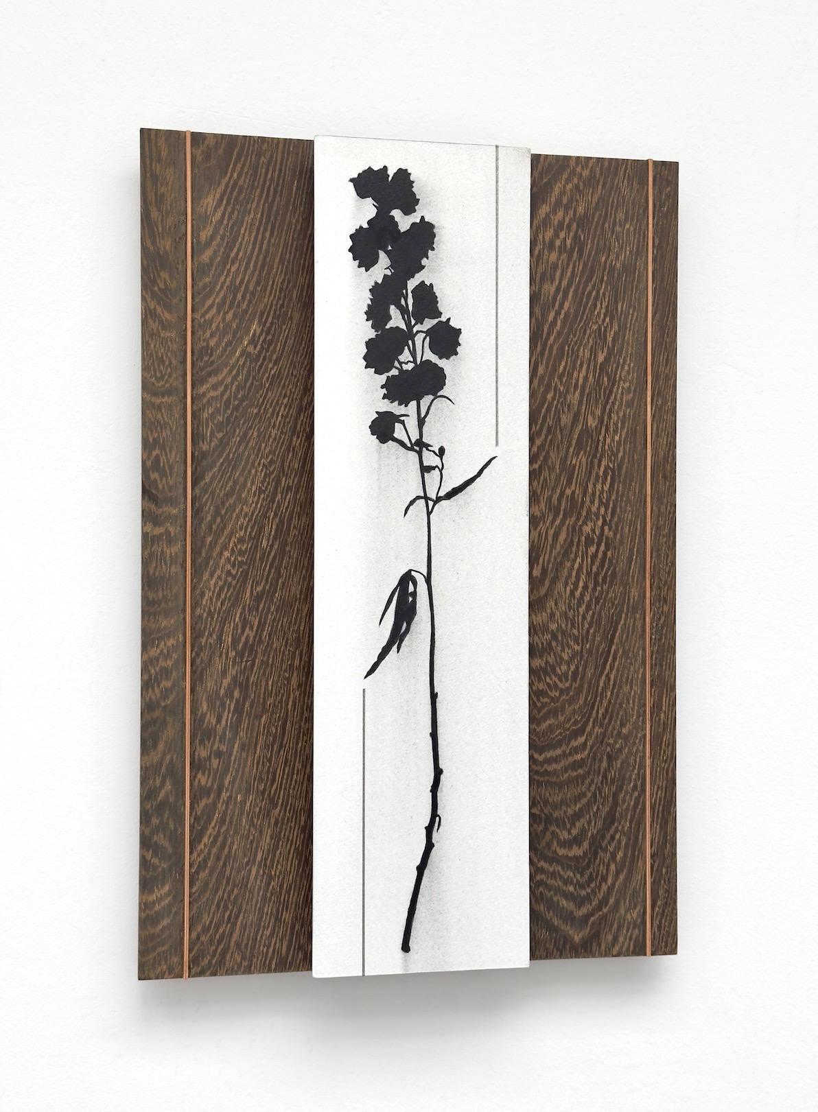  &lsquo;power on, power off, power on&rsquo;, 2025, cont&eacute; pencil, acrylic and copper wire on paper/aluminium and Panga Panga wood panel, 30 x 20 cm.