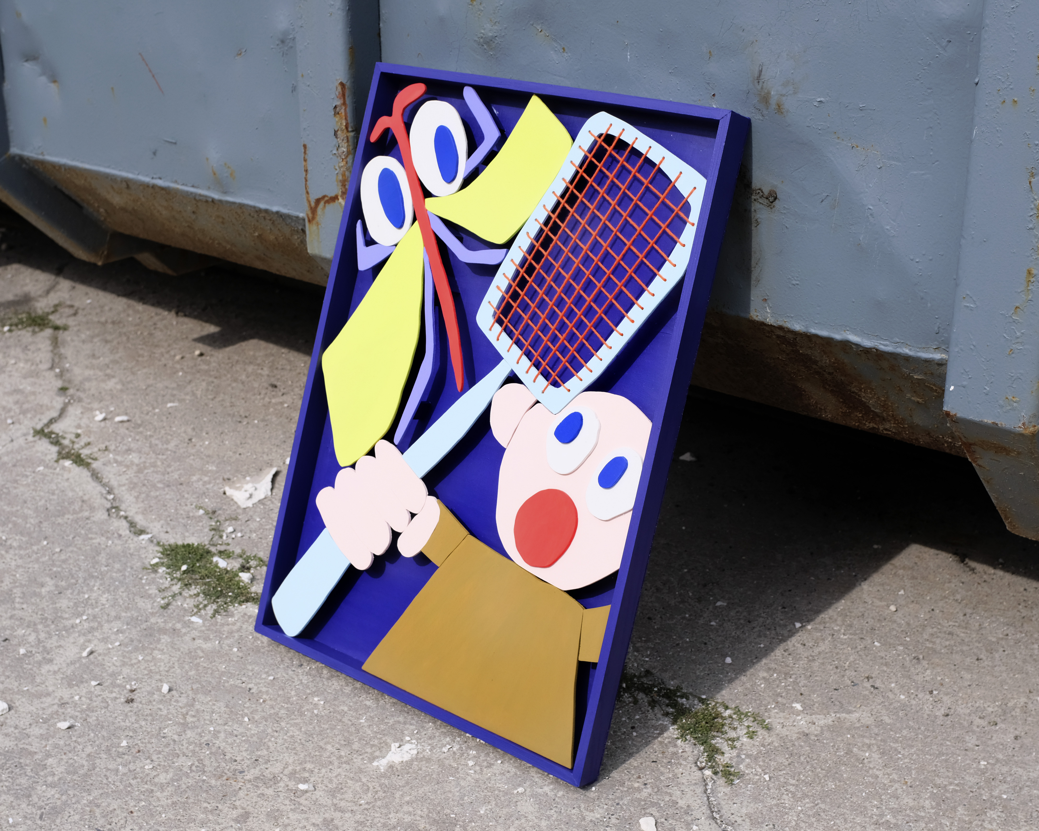 Klatsche (2023), 42 x 59,5 x 3,5cm, Acrylics on Wood, Cotton Thread