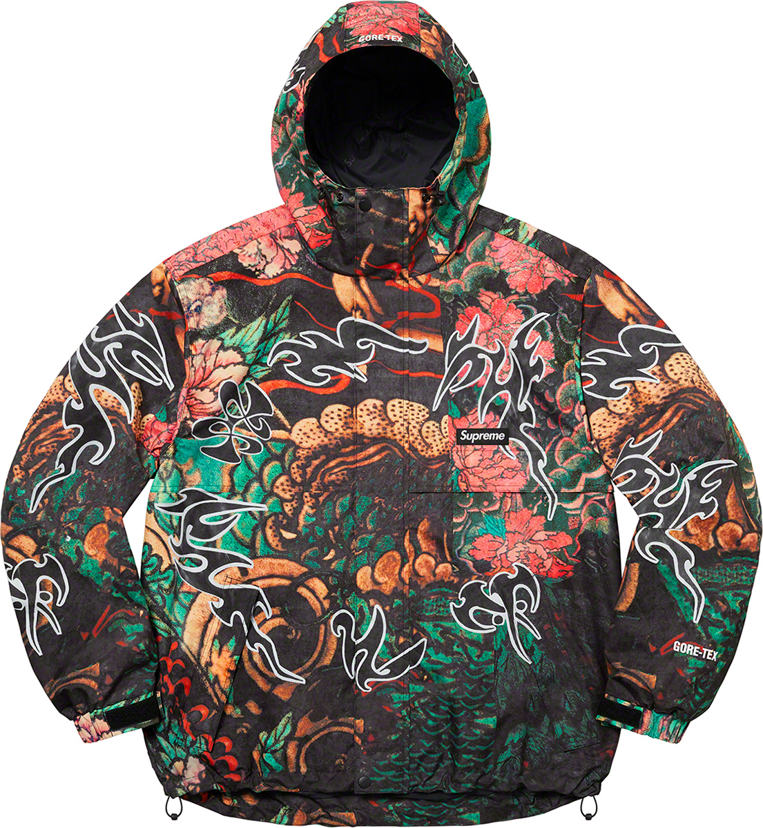 Waterproof, breathable GORE-TEX poly with printed graphic and embossed logo lining. Full zip closure with hidden velcro placket. Welt zip hand pockets at lower front and zip chest pocket. Interior elastic shockcord at fixed hood and hem. Velcro tab adjusters at elastic cuffs. Embroidered logos on hood and cuff. Original artwork by Ben Trogdon.