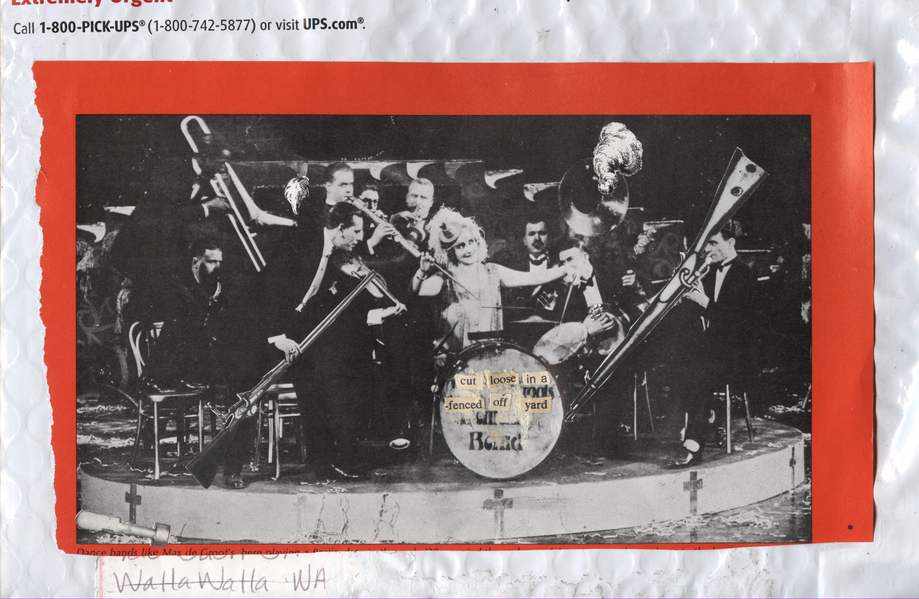 cut loose in a fenced off yard - (hand-cut paper collage) 2007 - SOLD